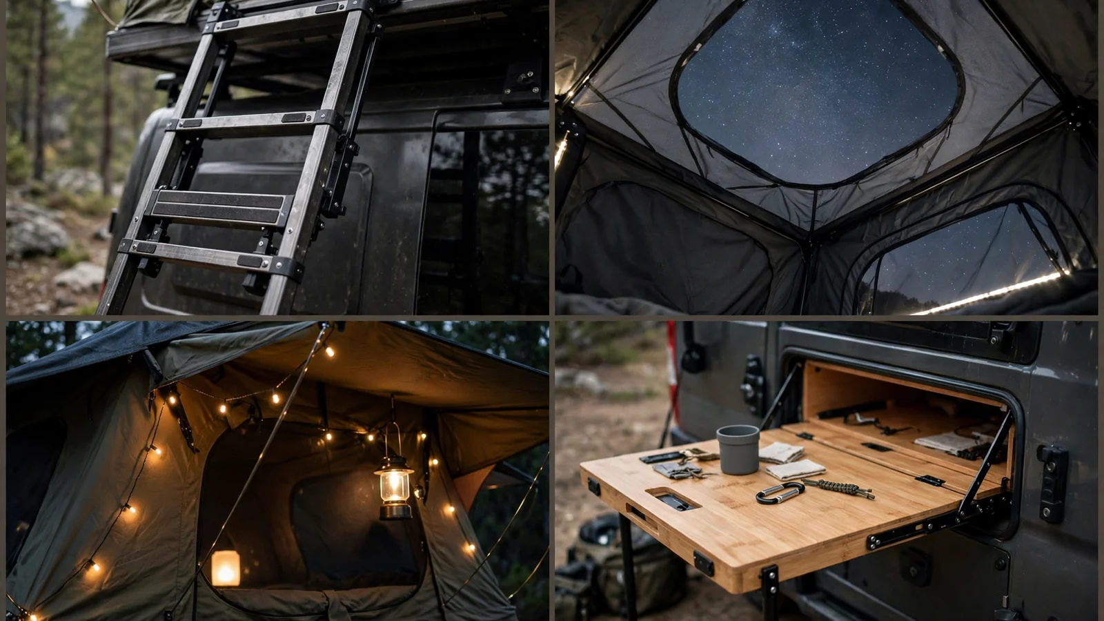 Four-panel detail collage of the Starlight Roof-Tent Transit showing rooftop tent ladder, star-view window, camp lighting and fold-out table