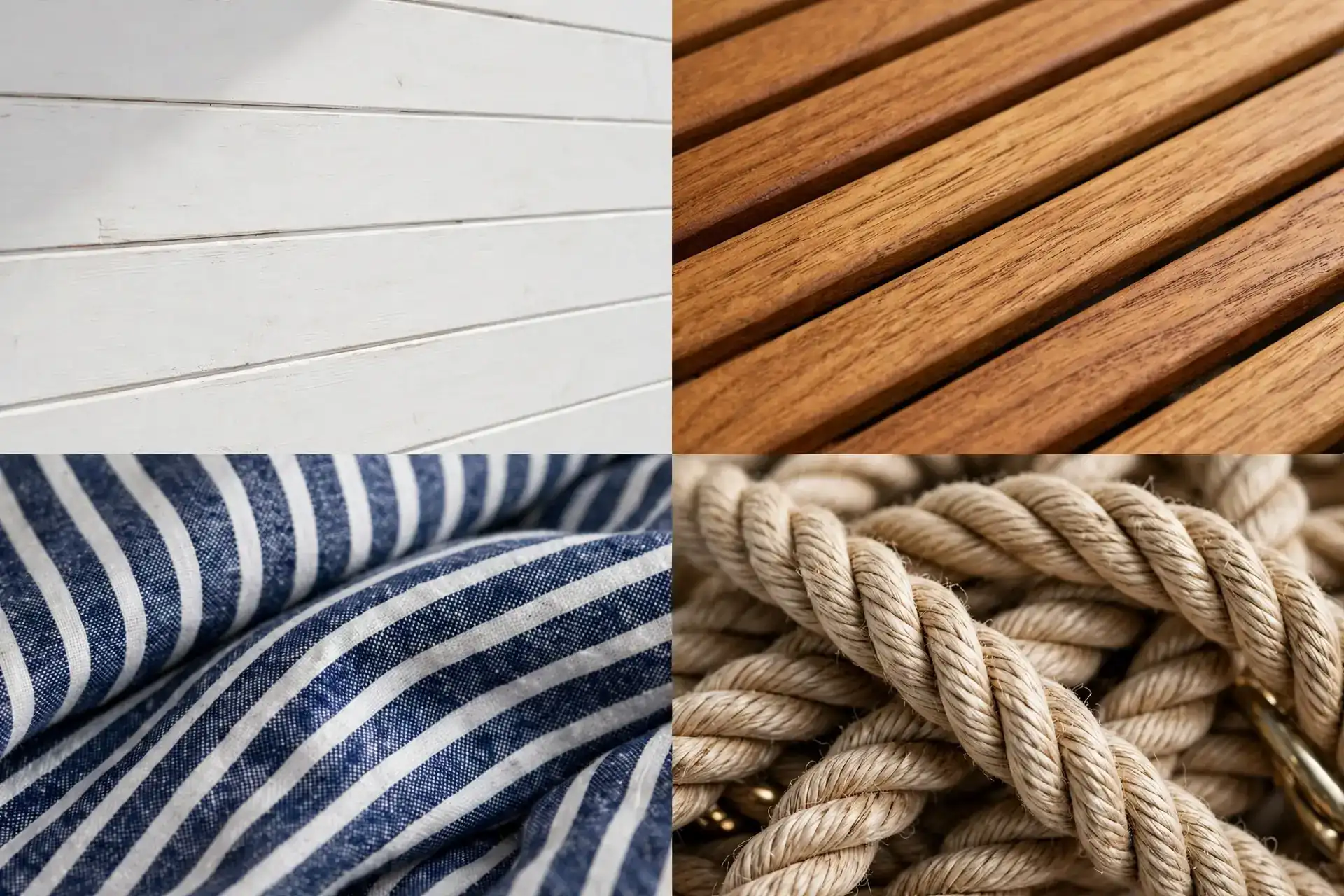Detail collage of white shiplap, teak wood, navy bedding stripe and nautical rope detail