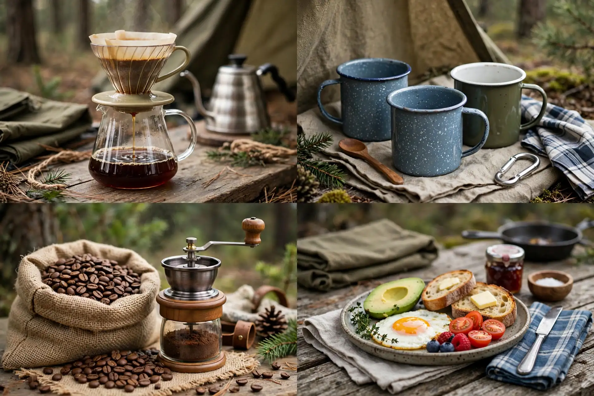 Detail collage of the coffee bar: pour-over dripper, mugs, coffee grinder, breakfast setup