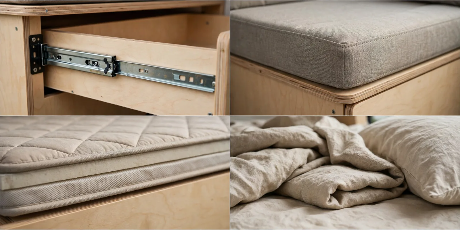 Four-panel detail collage of the pull-out drawer bed under a bench showing the metal drawer slide mechanism, the bench seat cushion above, the thin quilted mattress edge, and beige linen bedding