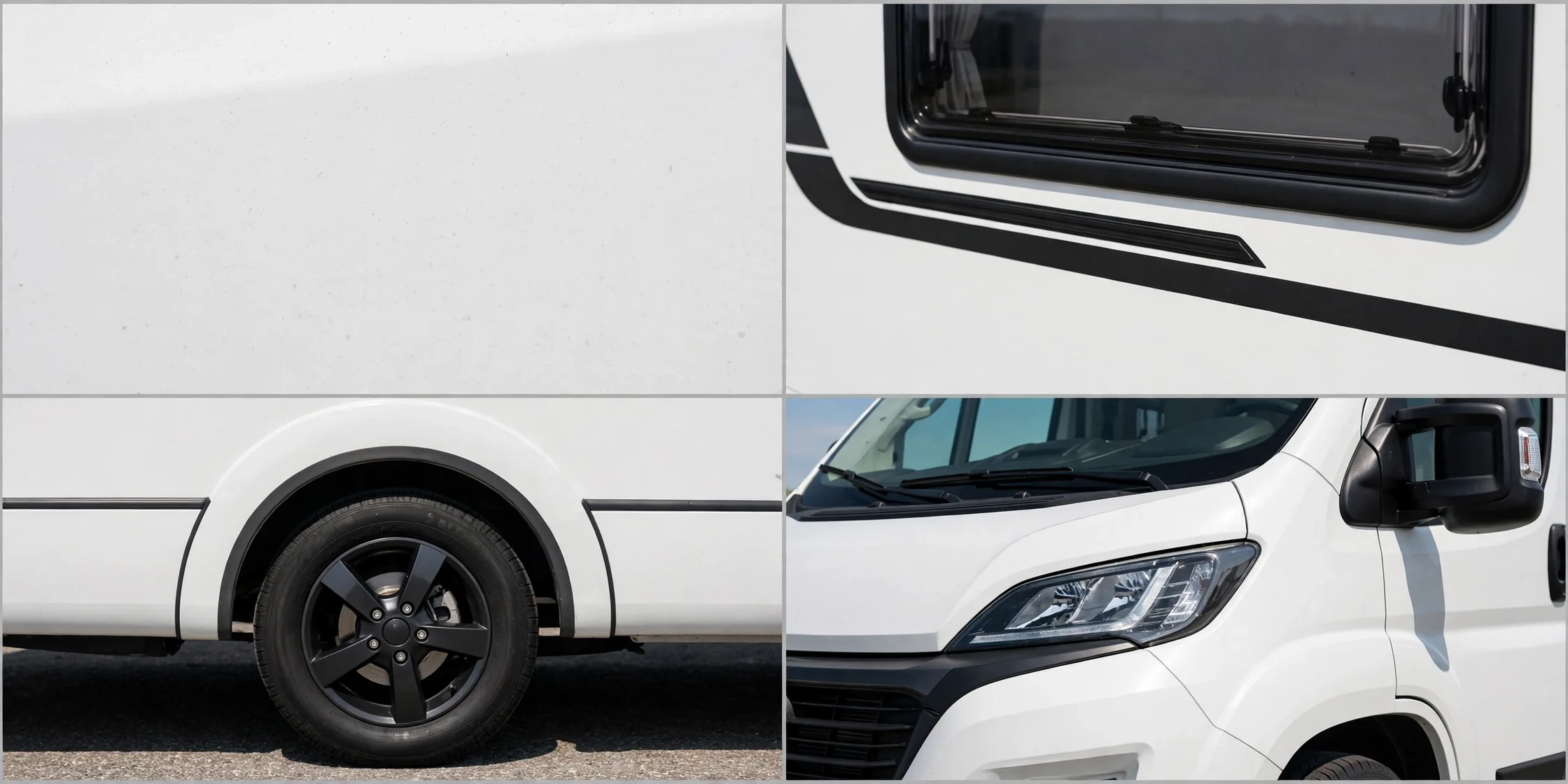 Four-panel detail collage of the minimalist all-white motorhome design