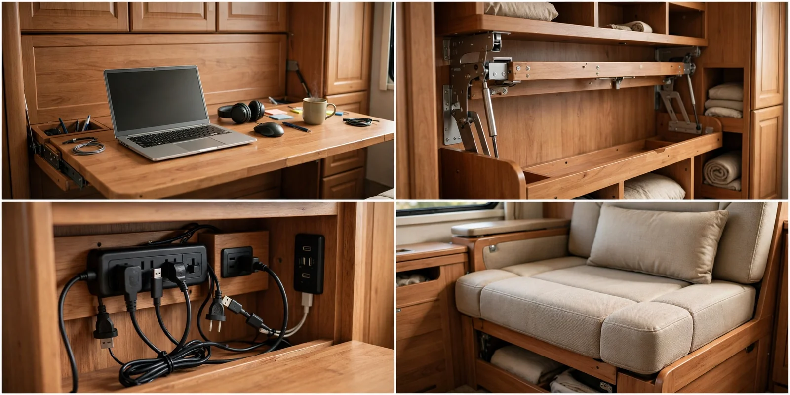 Four-panel detail collage of a Murphy bed desk combo showing the desk surface, bed mechanism and storage, power and cable setup, and bench seating