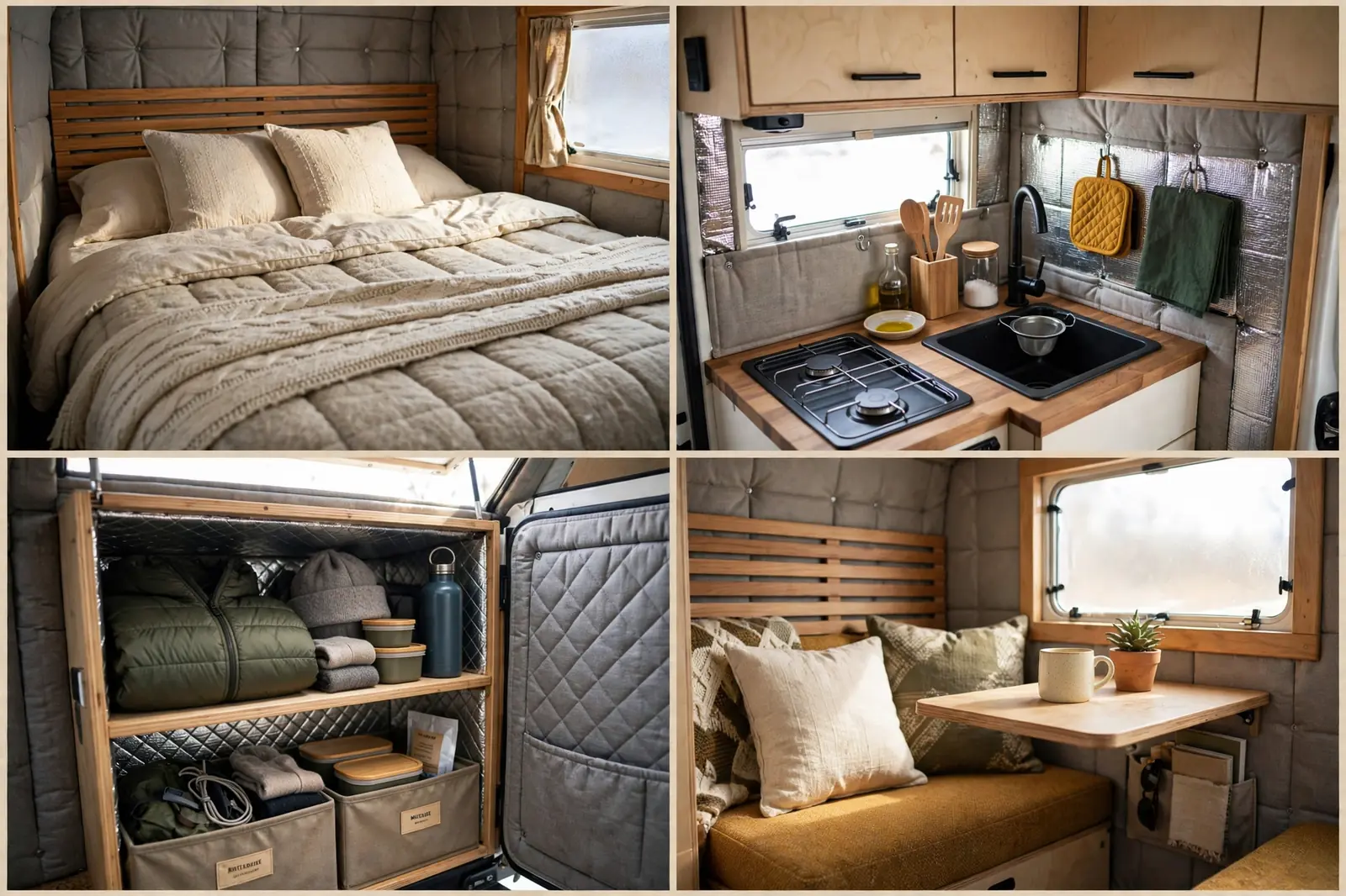 Four interior details of an insulated camper pod: quilted bed, kitchenette, insulated storage, and seating area