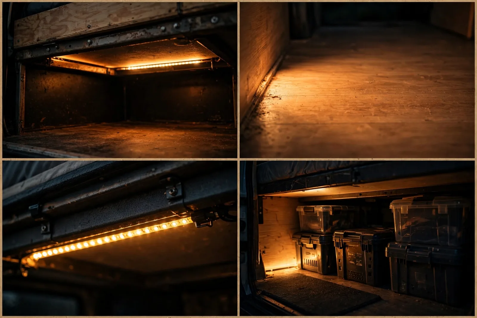 Four-panel detail collage of warm light glowing from beneath a camper van bed showing the glow washing across the floor, the strip under the bed frame, and glow beside storage boxes