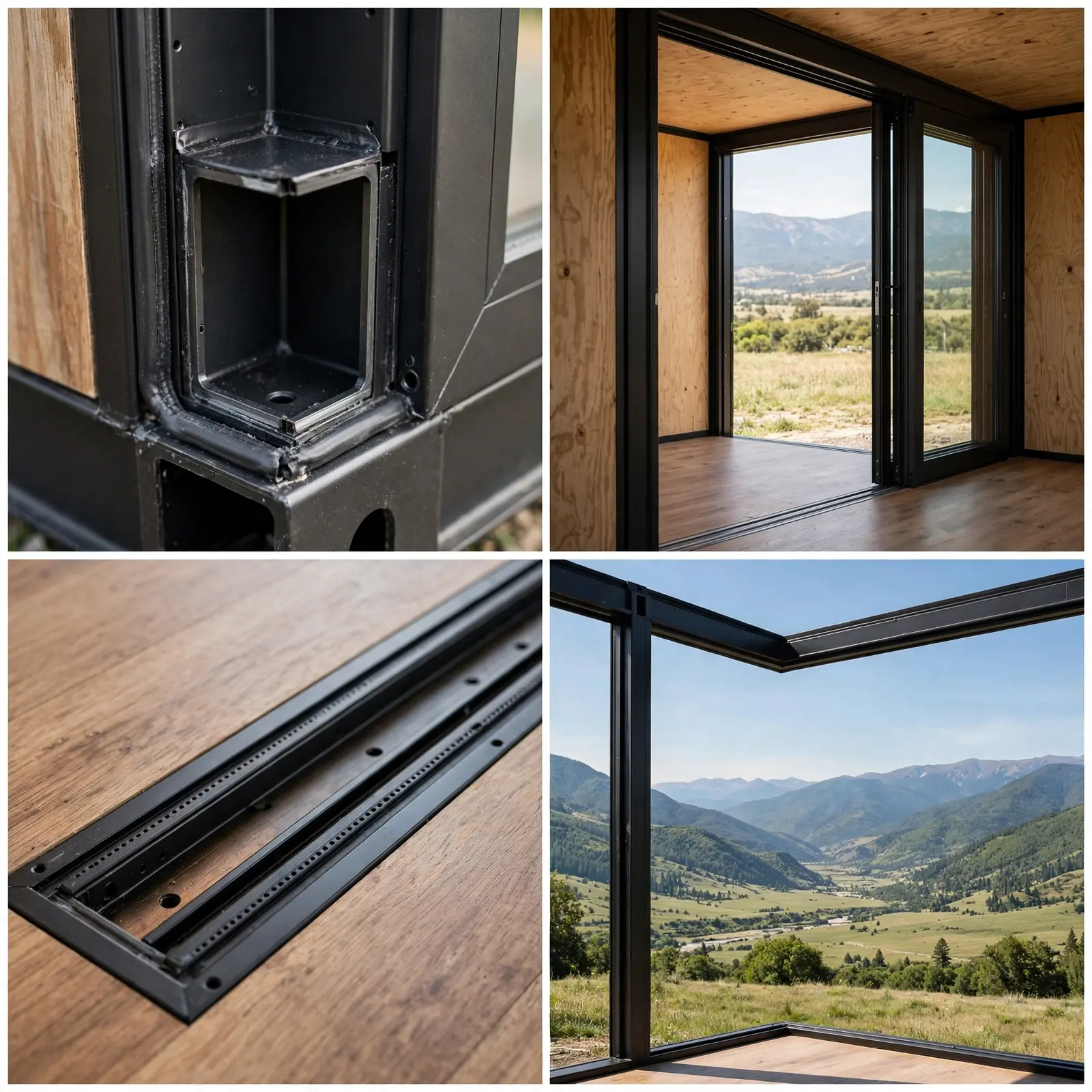 Four-panel collage of the corner sliders: corner pocket close-up, doors open from inside, flush floor track, open corner view