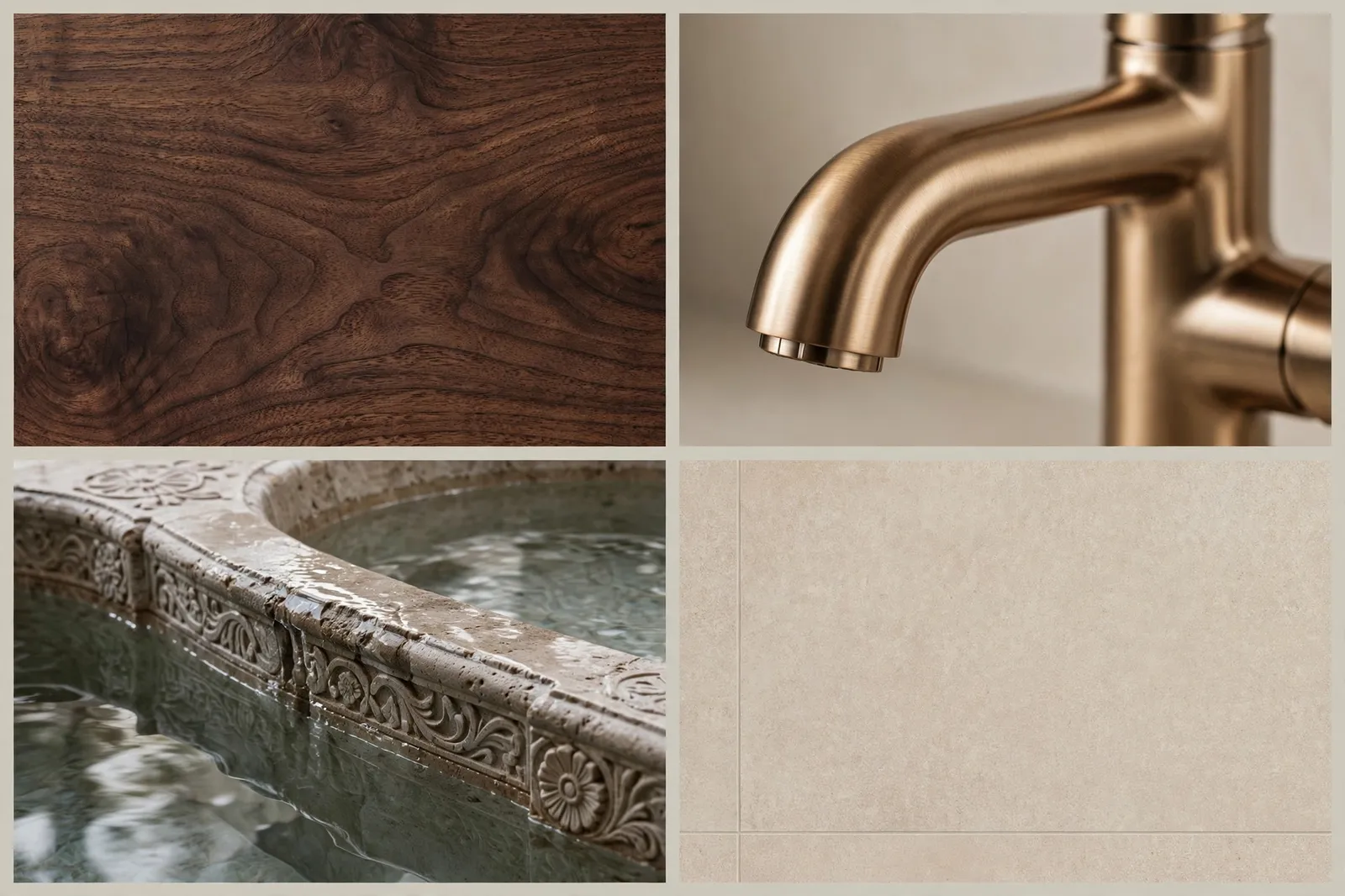 Four-panel collage of walnut and champagne details: walnut wood grain, champagne bronze faucet, stone tub edge and beige tile texture