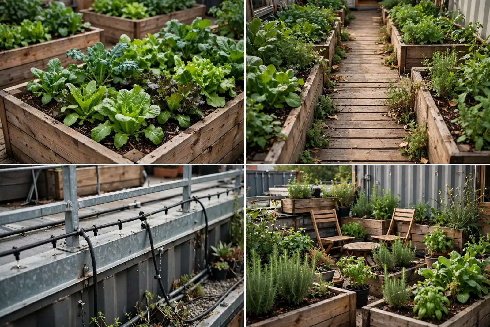Detail collage of the rooftop garden with raised vegetable beds, the wooden walkway, edge railing with drip lines and the seating area