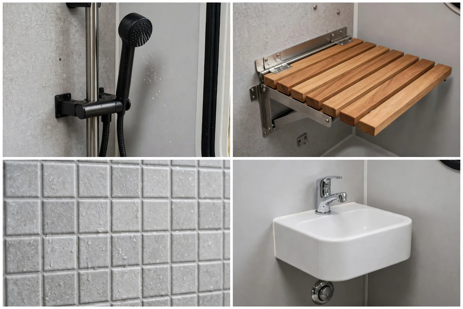 Detail collage: handheld shower wand, teak fold-down bench, wet-room tile, wall-hung sink