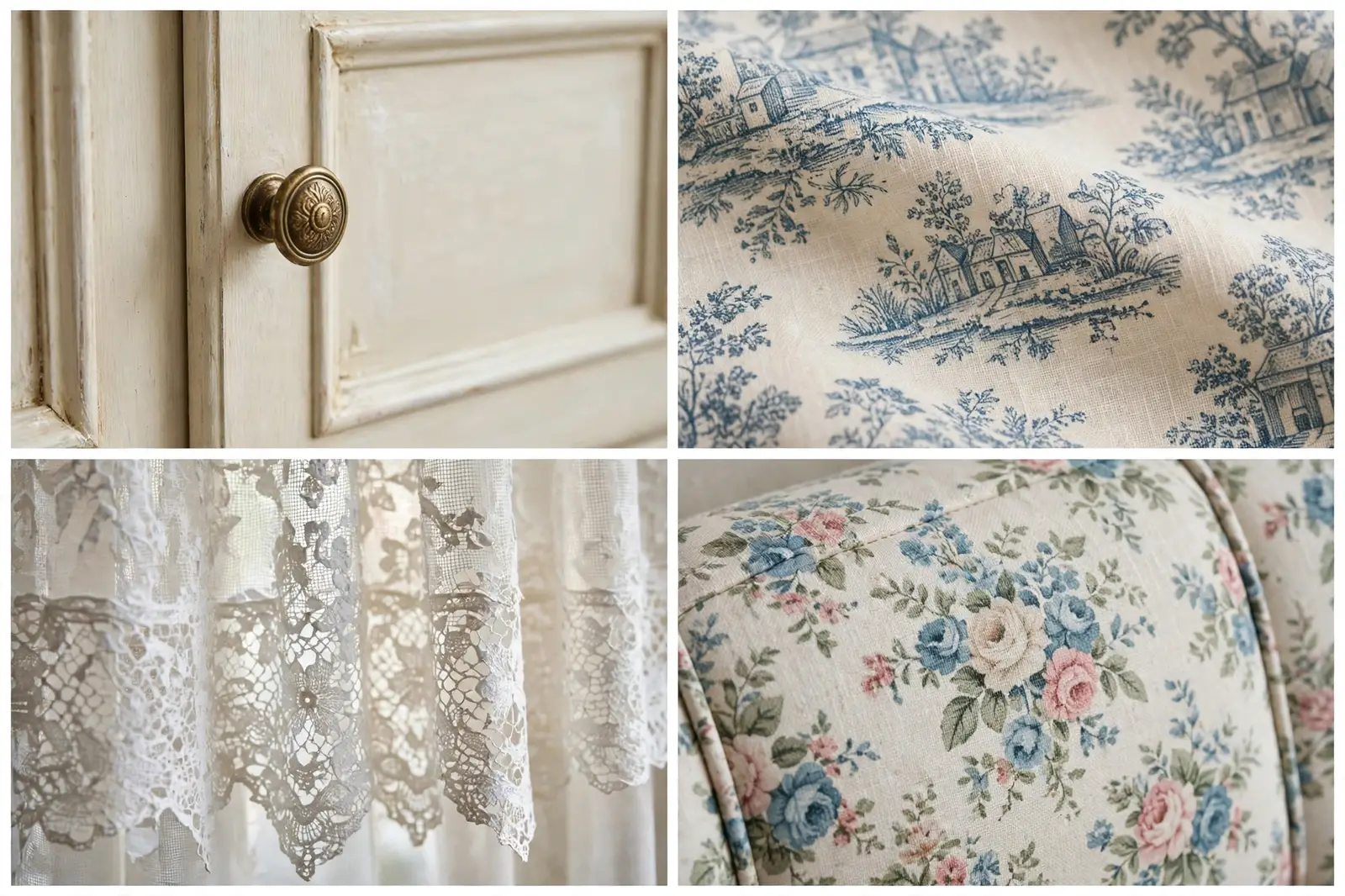 Four-panel detail collage showing a vintage brass knob on a chalk-painted cabinet door, blue toile fabric with country scenes, a lace curtain edge, and floral upholstery fabric with roses.