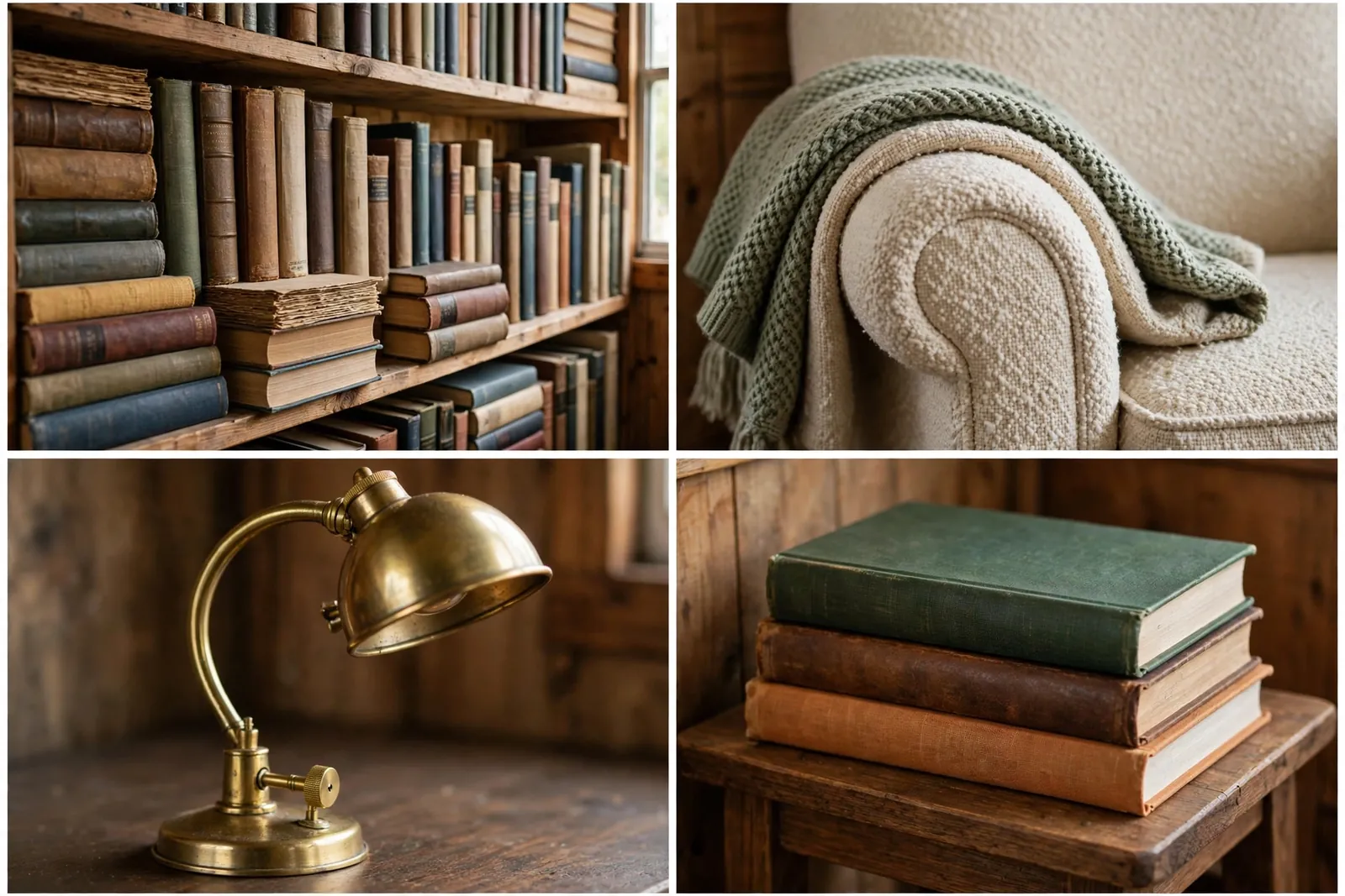 Reading corner details: bookshelves, armchair, reading lamp, book stack