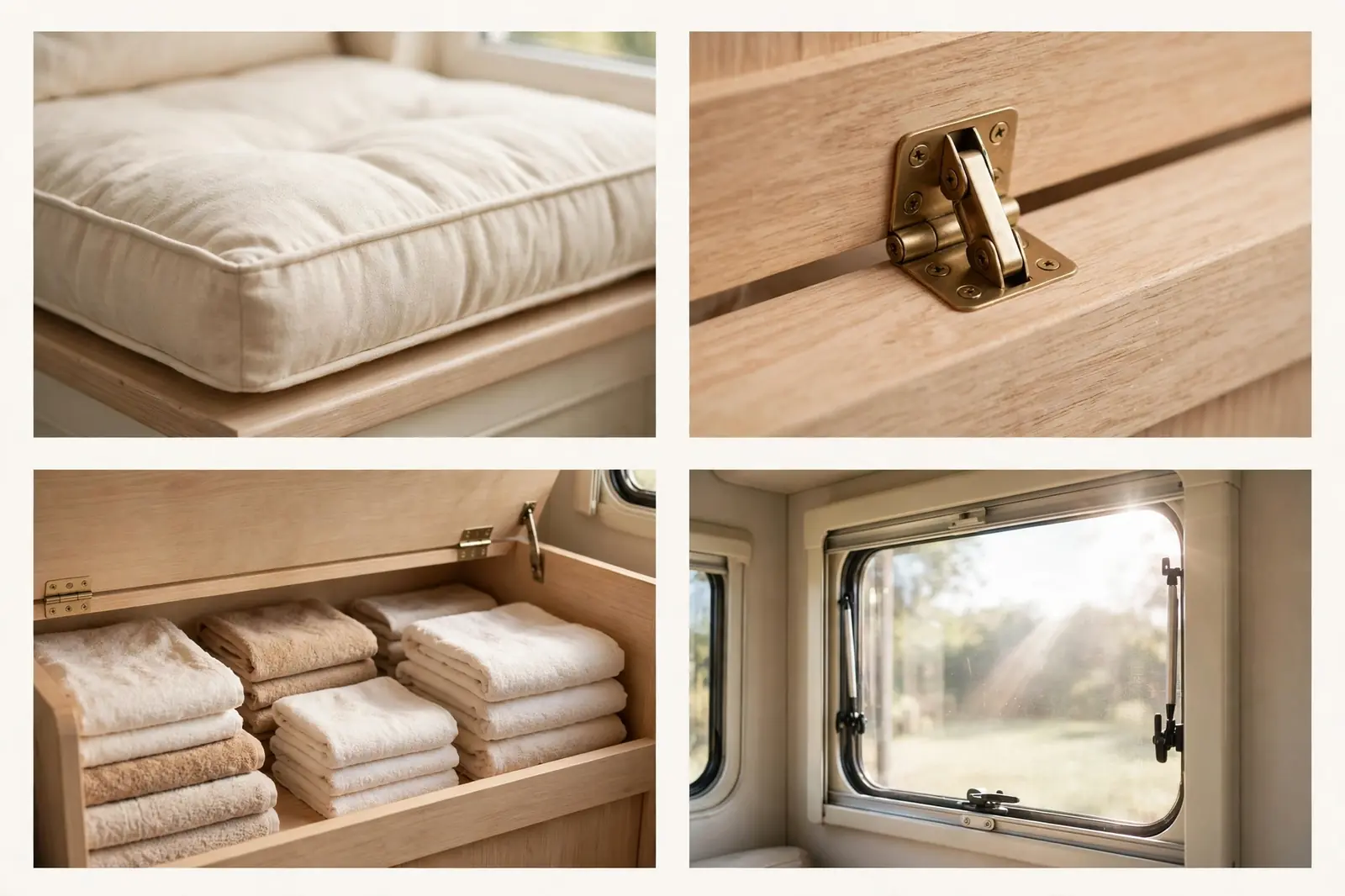 Four-panel collage showing window seat cushion, lift-top hinge detail, storage inside the seat, and the window frame