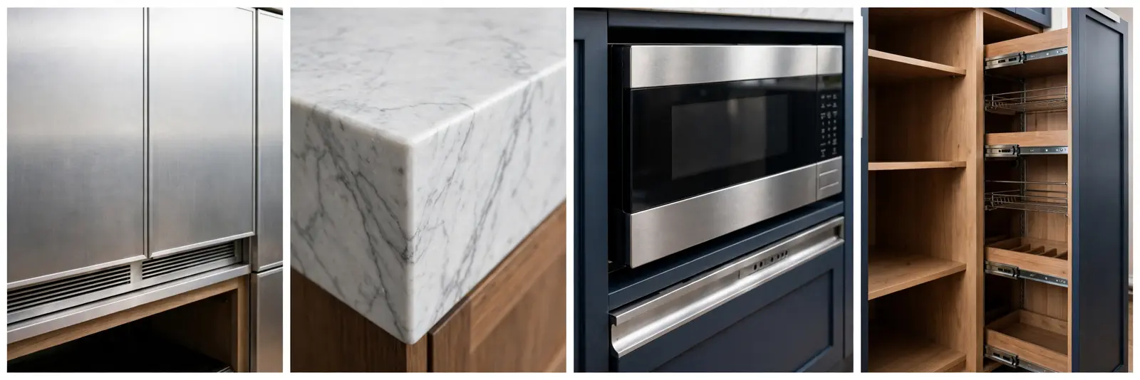 Four detail panels: handle-less appliance panels, waterfall quartz counter edge, drawer microwave, pantry pullout