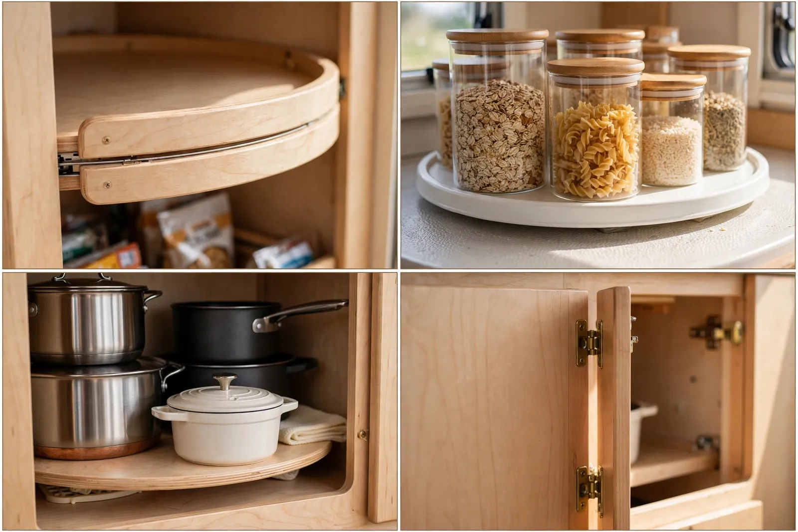 Detail collage: carousel shelf edge, jars on the turntable, pots on the lower tier, cabinet door opening