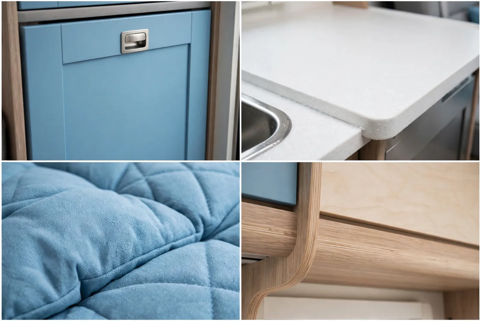 Sky blue and crisp white motorhome detail collage