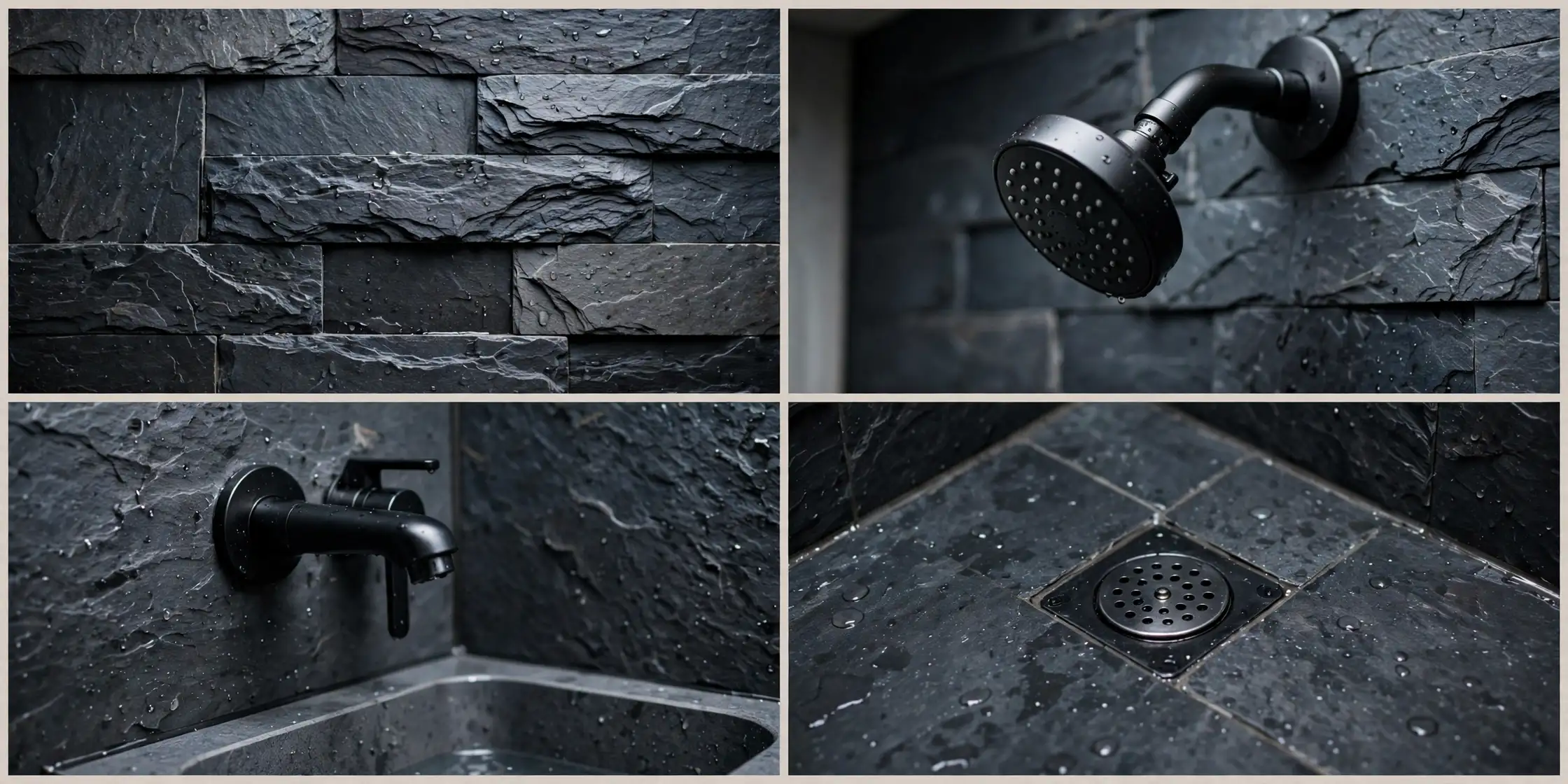 Close-up details of a dark slate camper van wet bath: slate texture, matte black shower head, wall-hung sink and drain