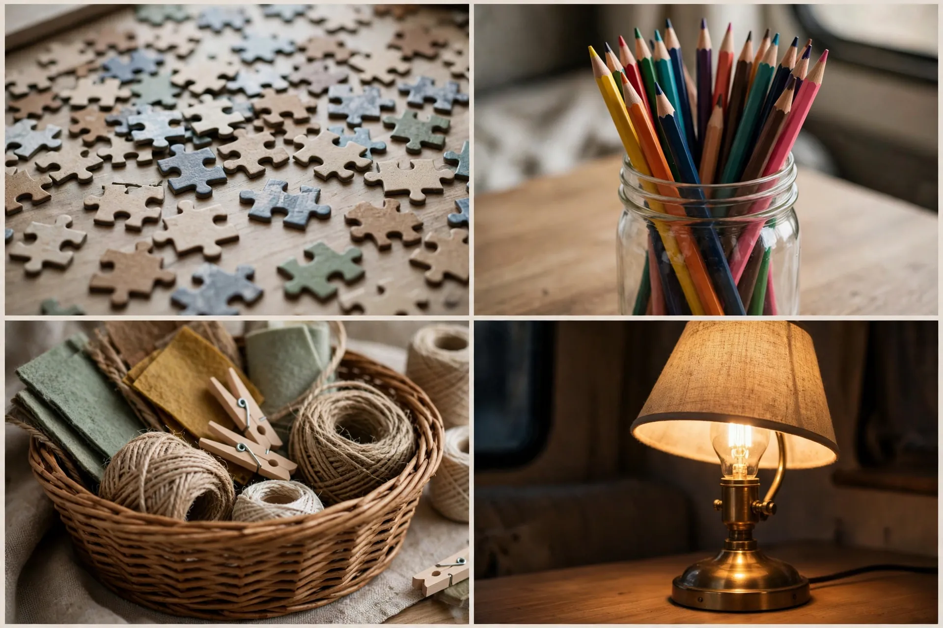 Close-up details of the RV puzzle and craft table: puzzle pieces, colored pencils, craft basket and lamp light