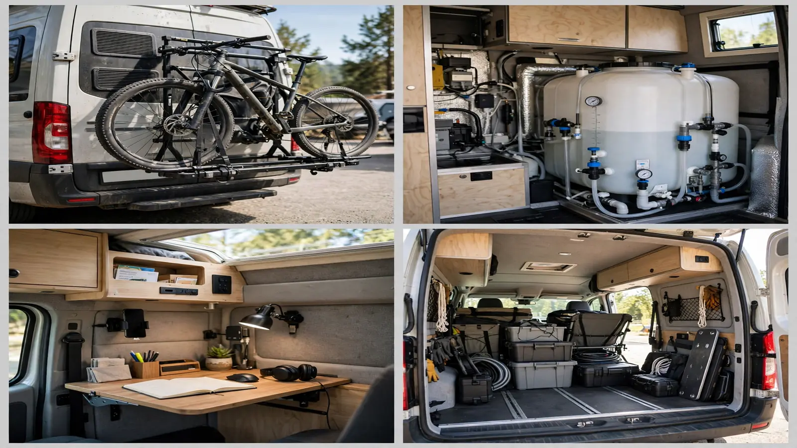 Four-panel detail collage of the Long Haul Solar Sprinter showing bike rack, water tank, office desk and rear garage