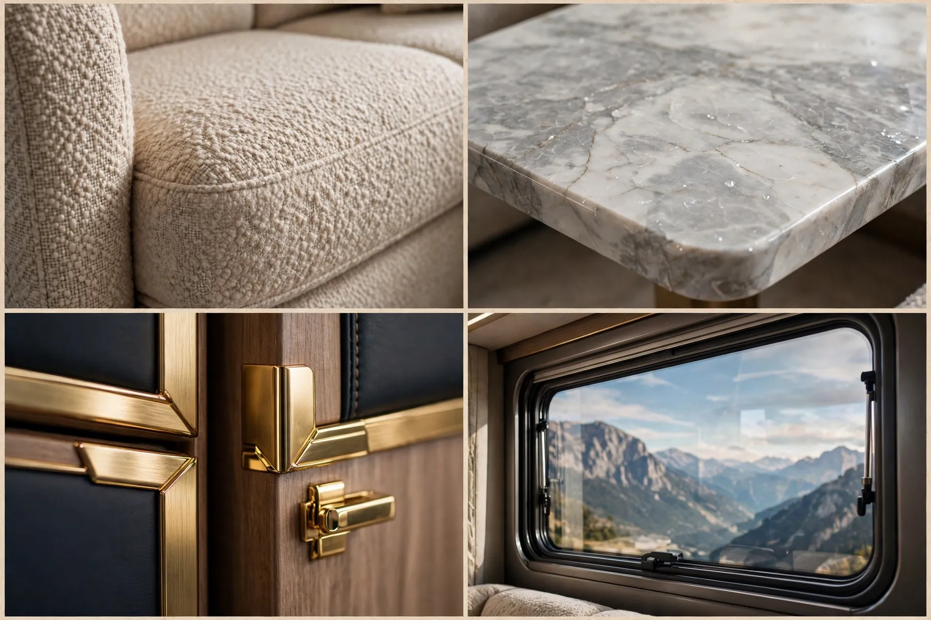 Detail collage of wraparound sofa fabric, marble coffee table, gold accent and panoramic window