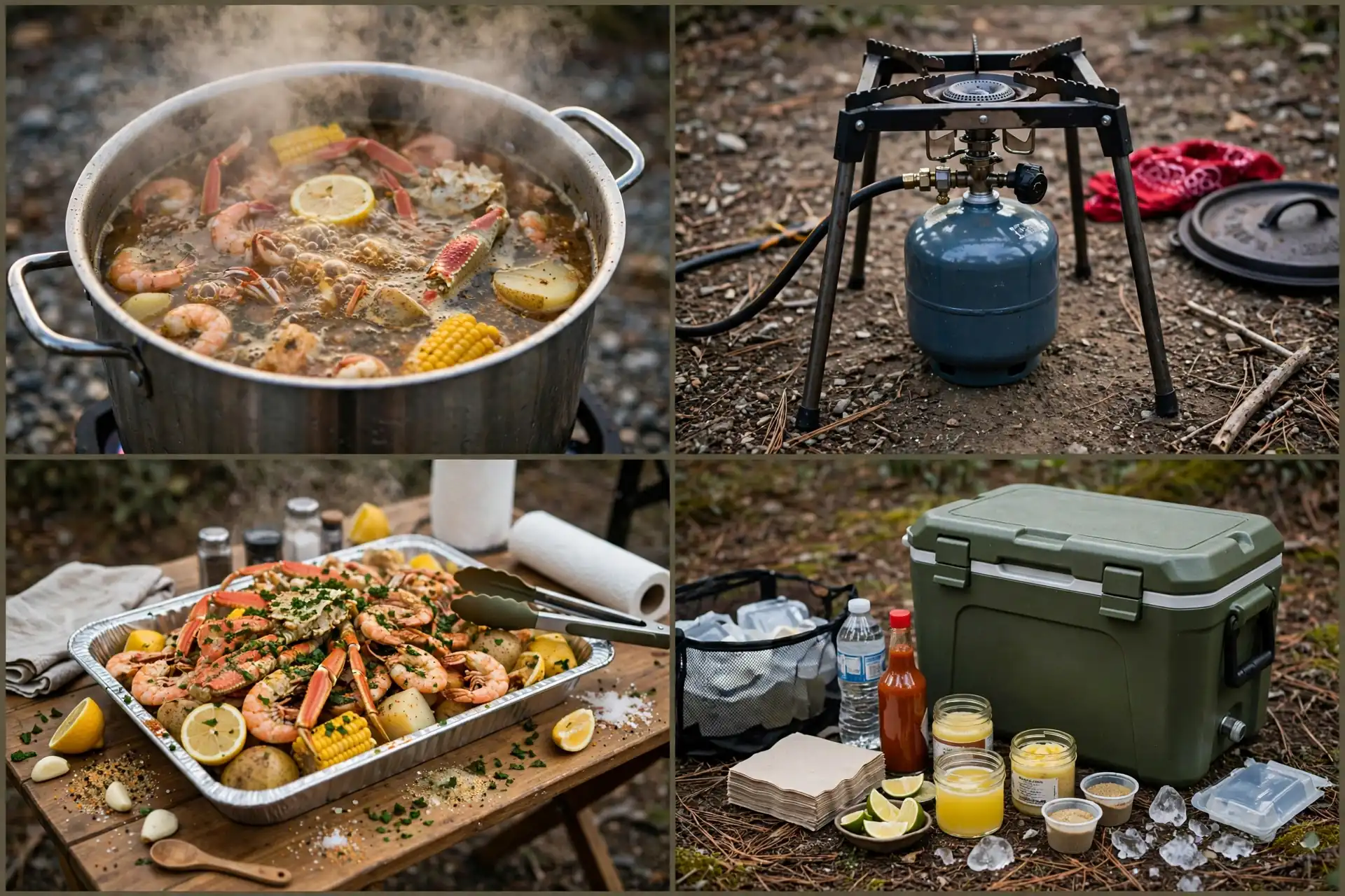 Detail collage of the boil station: steaming pot, burner stand, serving table, cooler