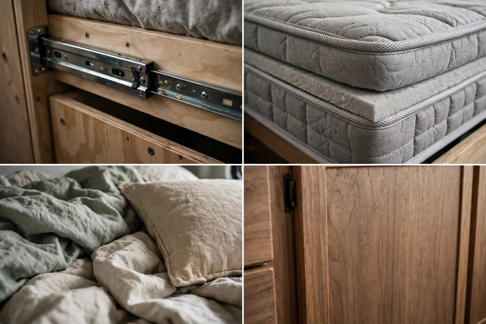Four-panel detail collage of the pull-out bed from a rear cabinet in a camper van, showing the metal pull-out track, the quilted mattress, rumpled linen bedding with a pillow, and the light wood cabinet finish