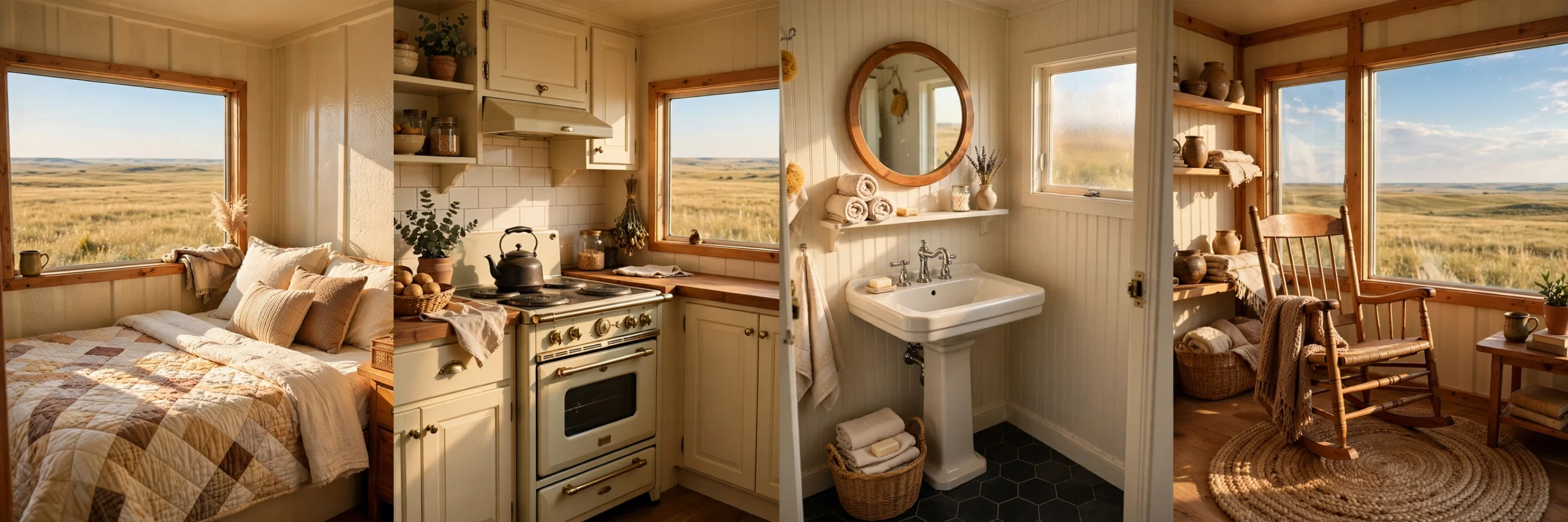 Interior collage of the prairie cabin: quilt bedroom, cream kitchen with vintage stove, beadboard bathroom, and rocking-chair living area