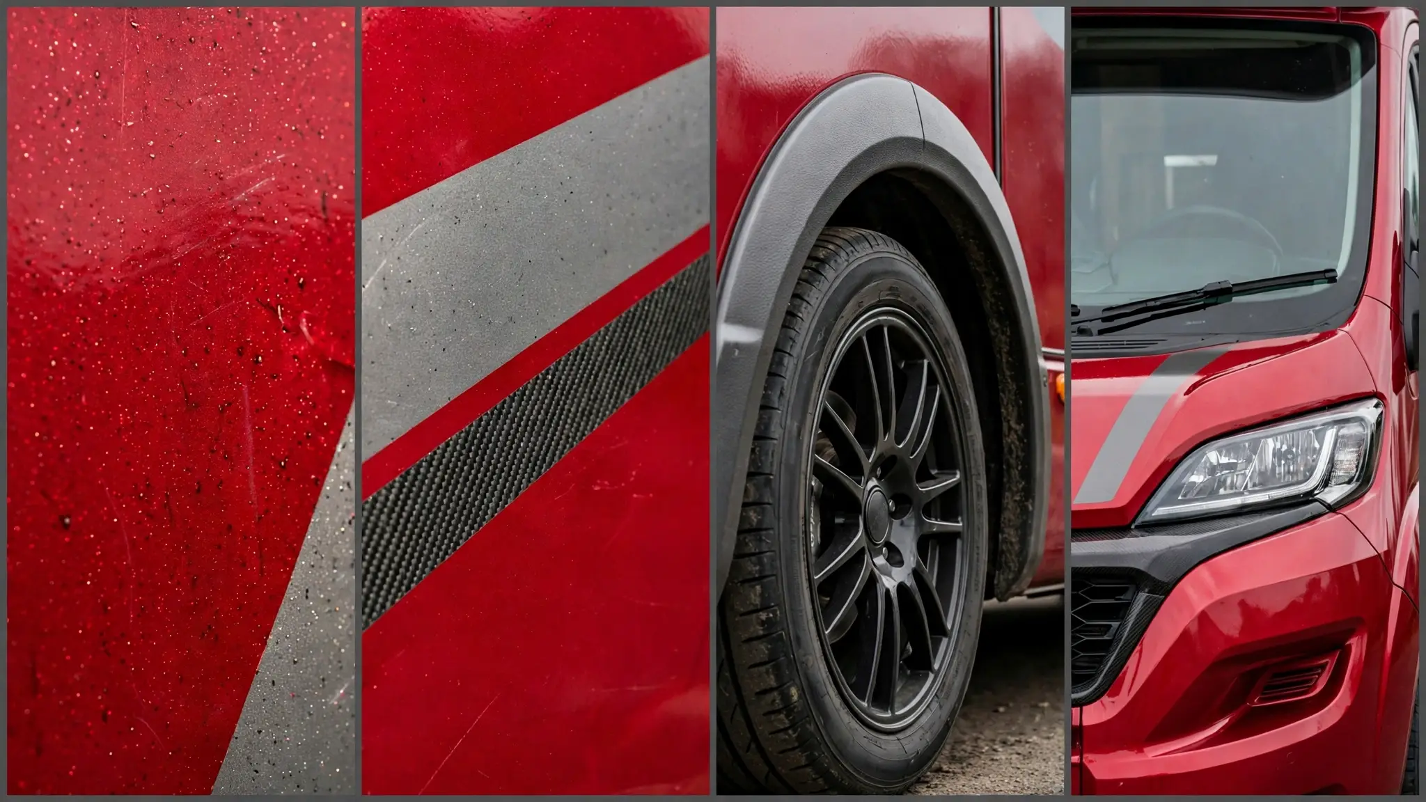Four-panel detail collage of the cherry red and graphite motorhome design