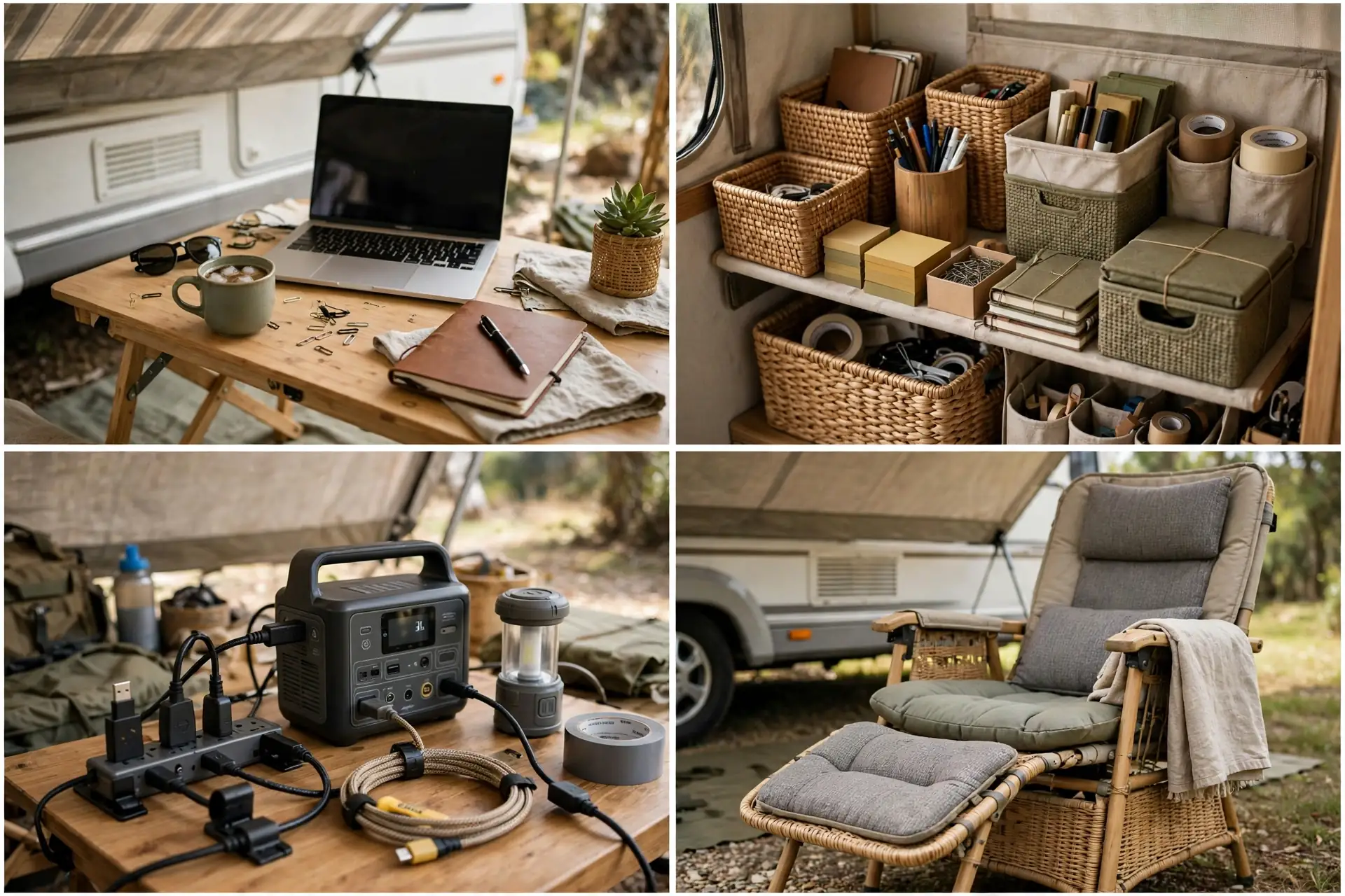 Four close-up details of the outdoor awning office: desk surface, storage, power and cable setup, and chair ergonomics