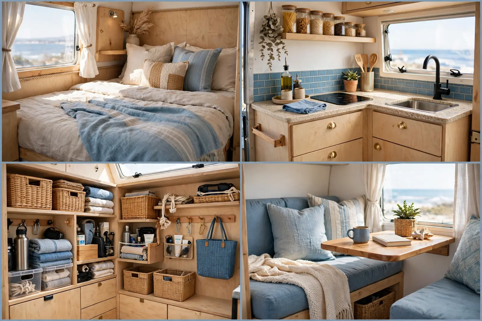 Four-panel interior collage of the Beach Cruiser Pod showing its bed, kitchenette, storage, and seating