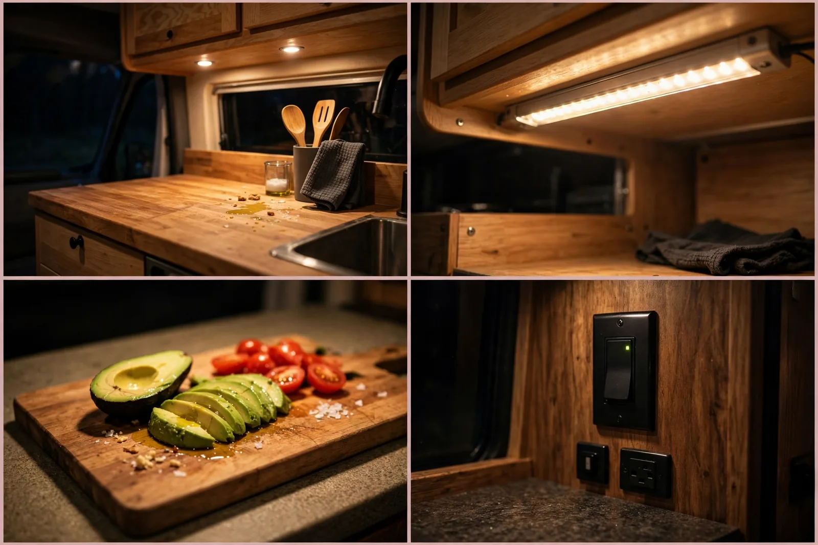 Four-panel detail collage of warm task lighting over a camper van kitchen counter showing a light bar under a cabinet, a lit cutting area, and a light switch detail