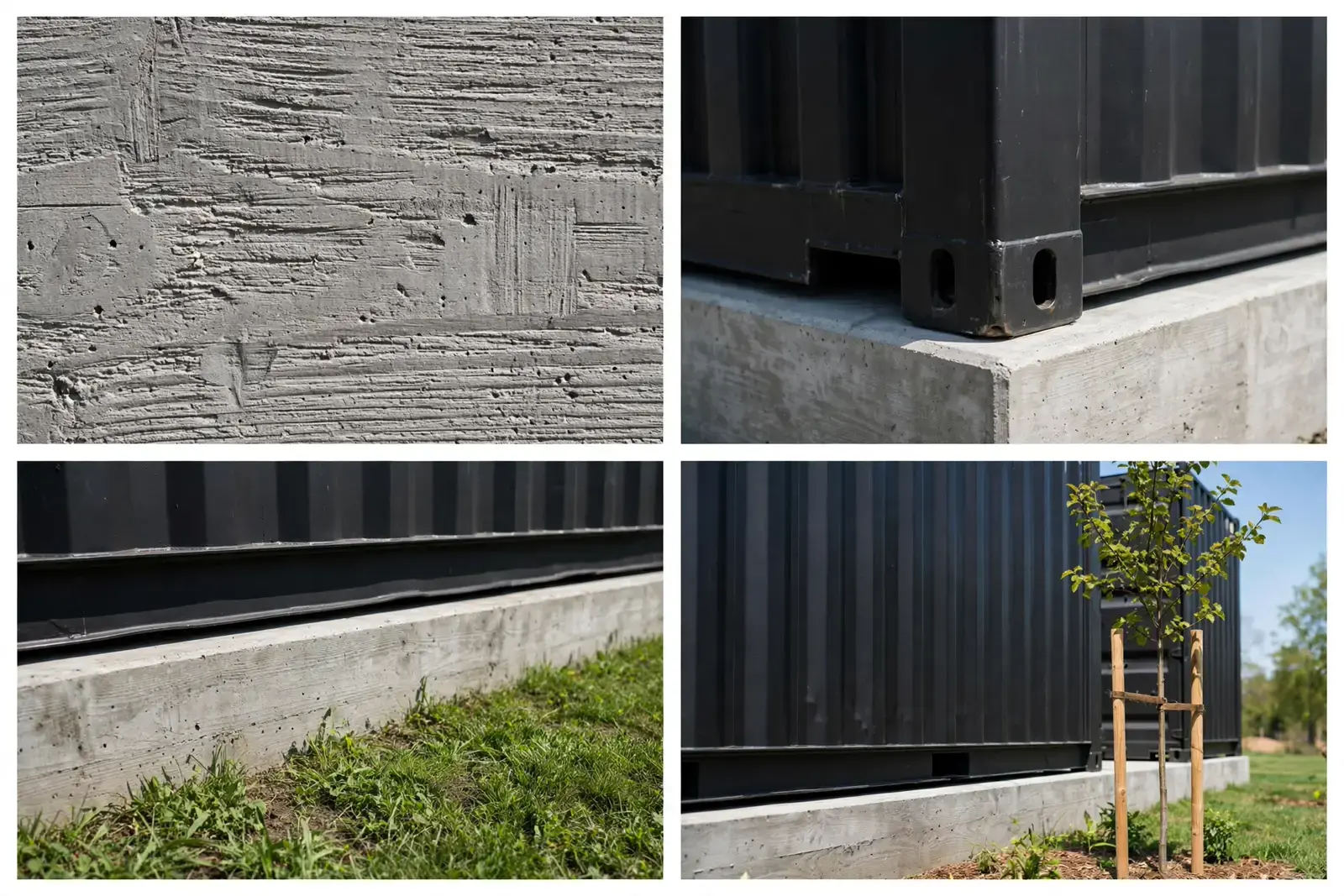Four-panel collage: board-formed concrete texture, container edge on plinth, lawn meeting plinth, young tree planting
