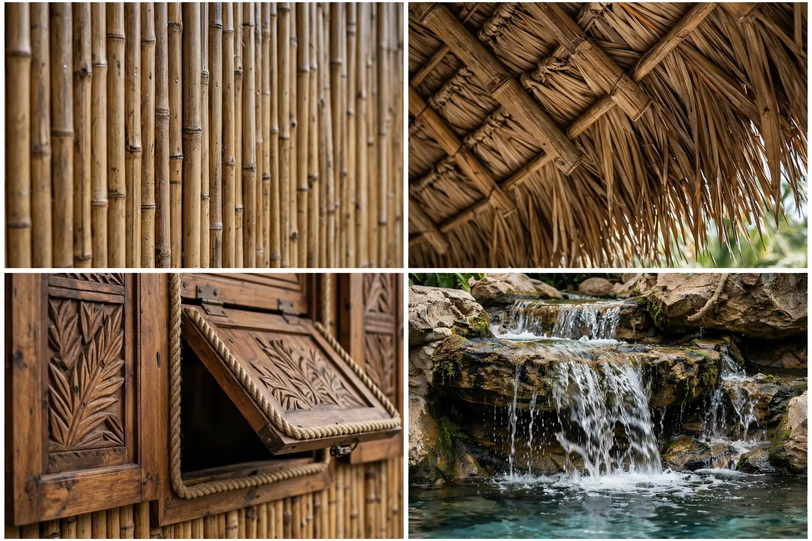 Four-panel collage: bamboo cladding, thatch roof, serving hatch, waterfall