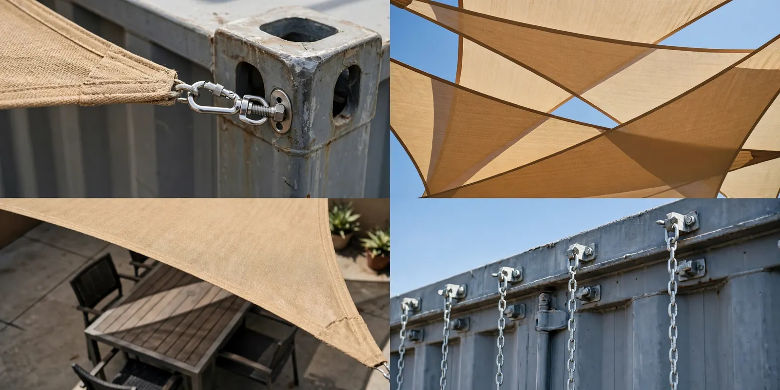 Four detail photos of courtyard shade sails: a stainless turnbuckle tensioning a tan sail to a container corner casting, layered overlapping sails seen from below against blue sky, a sail edge casting soft shadow over a dining set, and chains with eye-bolt hardware along a slate-gray container roof edge.