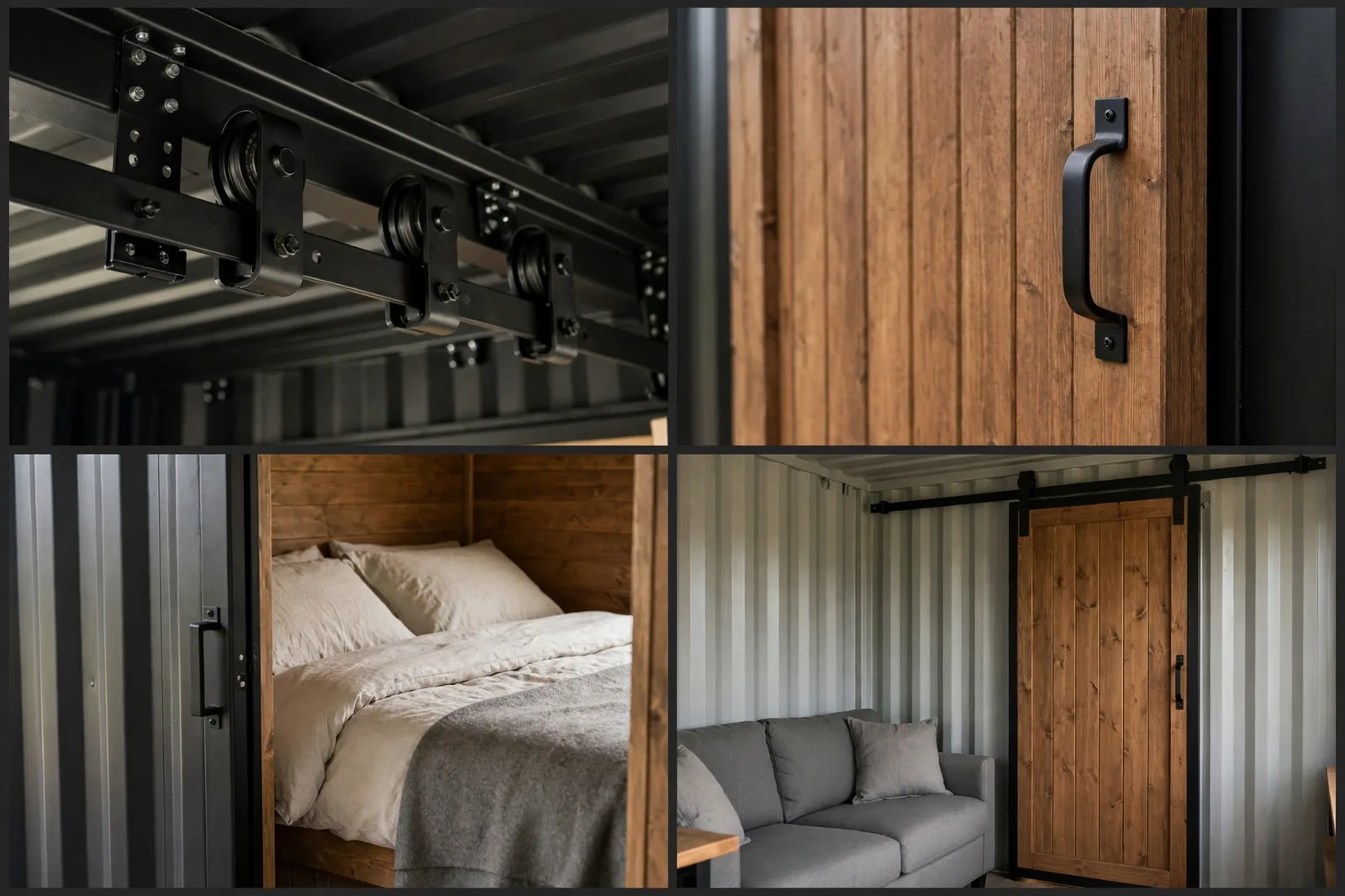 Barn partition details: black ceiling track with rollers, wooden door with iron pull, bed beyond the open panel, sofa by the closed panel