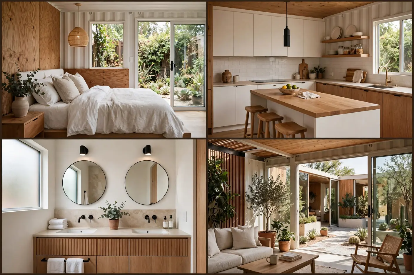 Four interior views of a twin container courtyard home: bedroom, kitchenette, bathroom and lounge