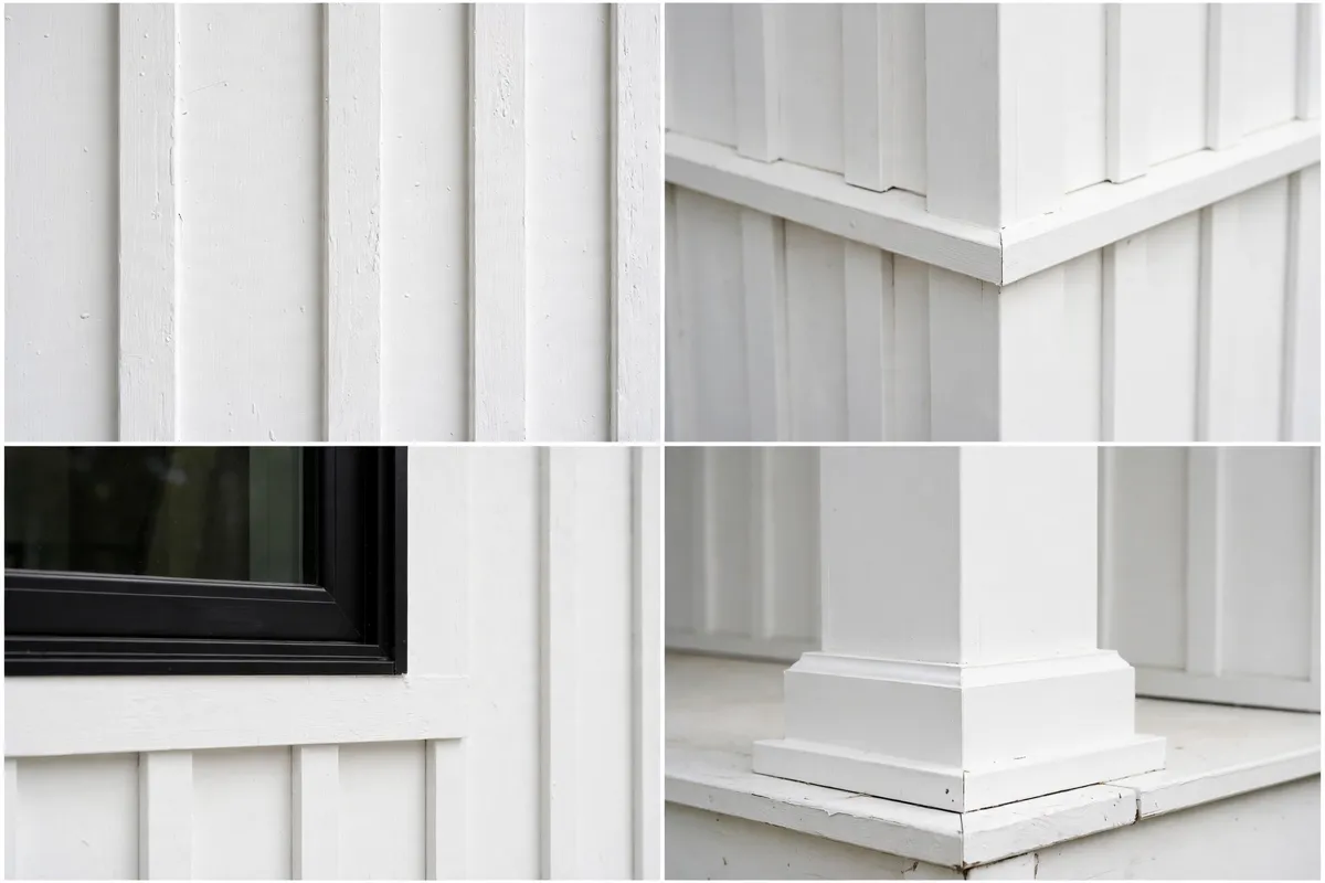 Board-and-batten details: painted batten texture, white corner boards, black window frame contrast, and porch post base