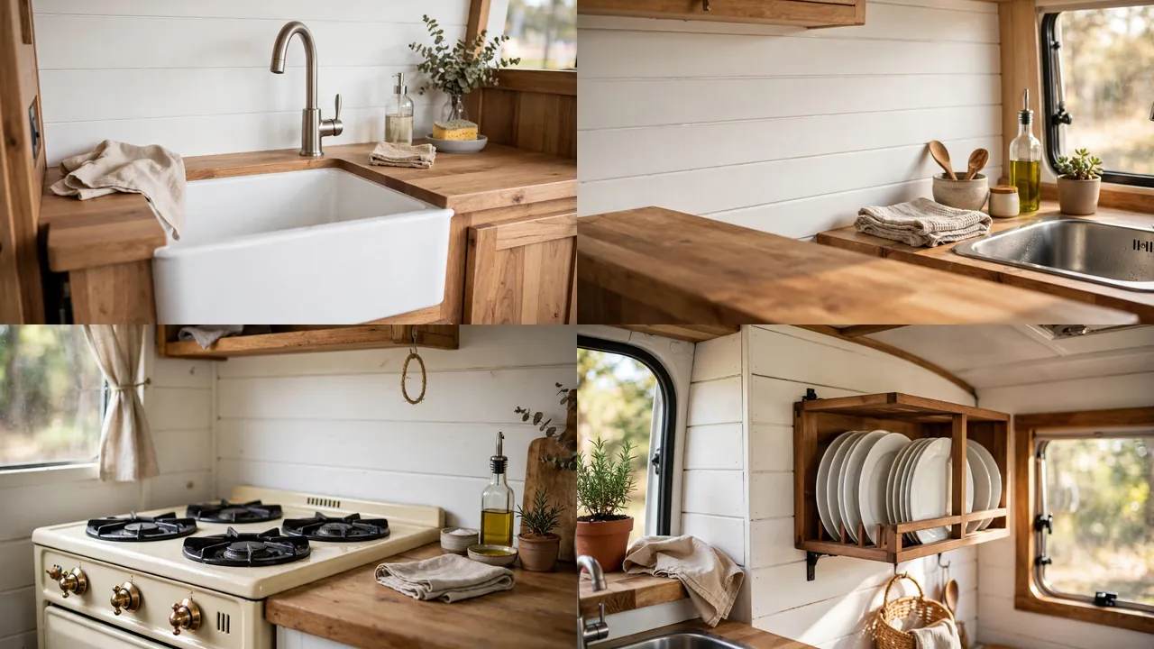 Close-up details of apron sink, shiplap wall, vintage range and plate rack