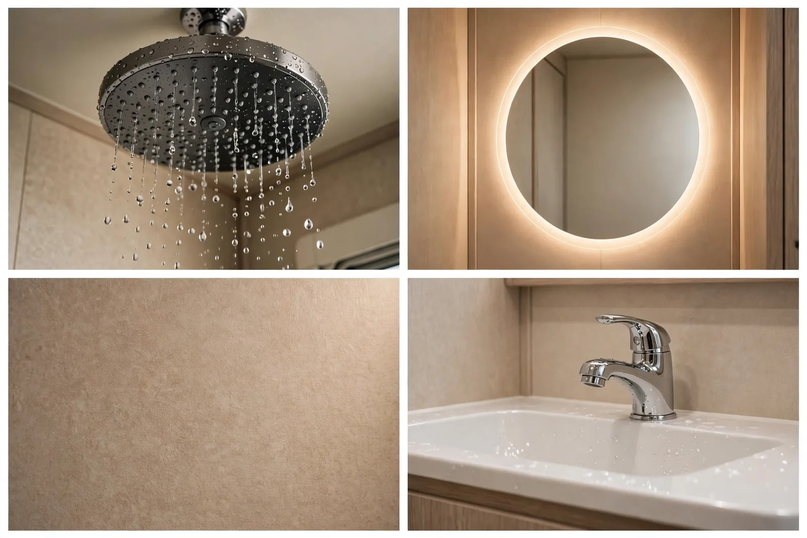 Detail collage: rain shower head, backlit mirror, greige texture, chrome faucet