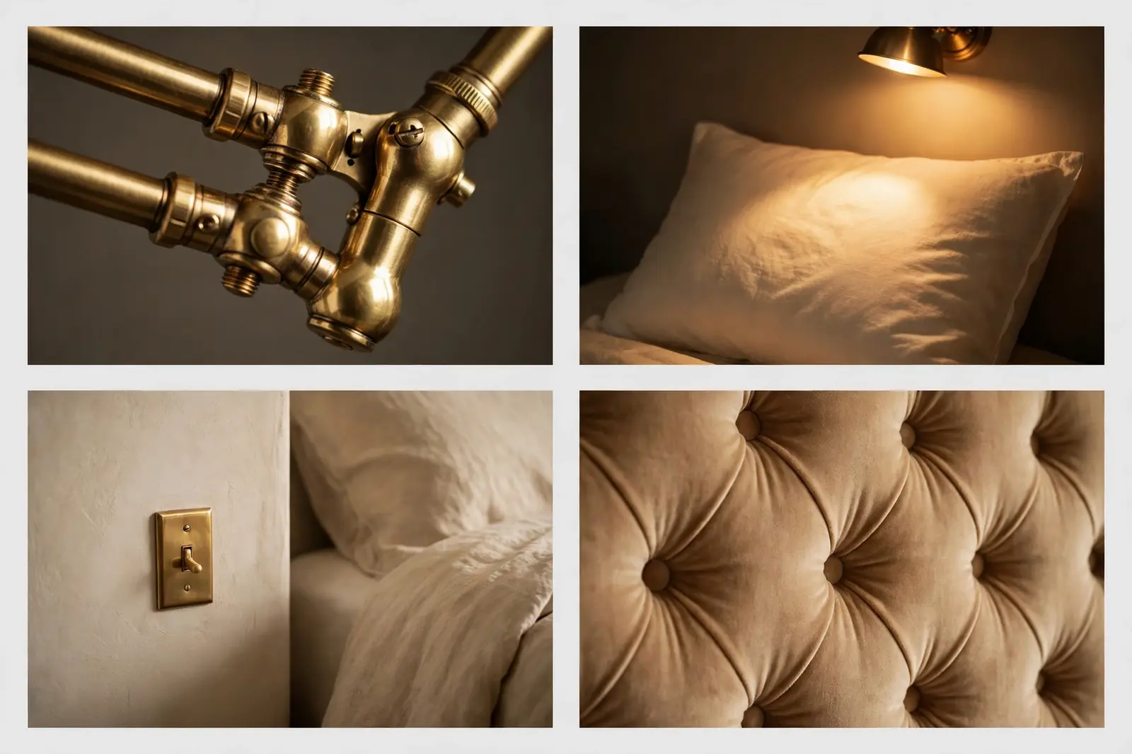 Four-panel collage showing sconce joint detail, warm light pool on pillow, wall switch close-up, and headboard texture