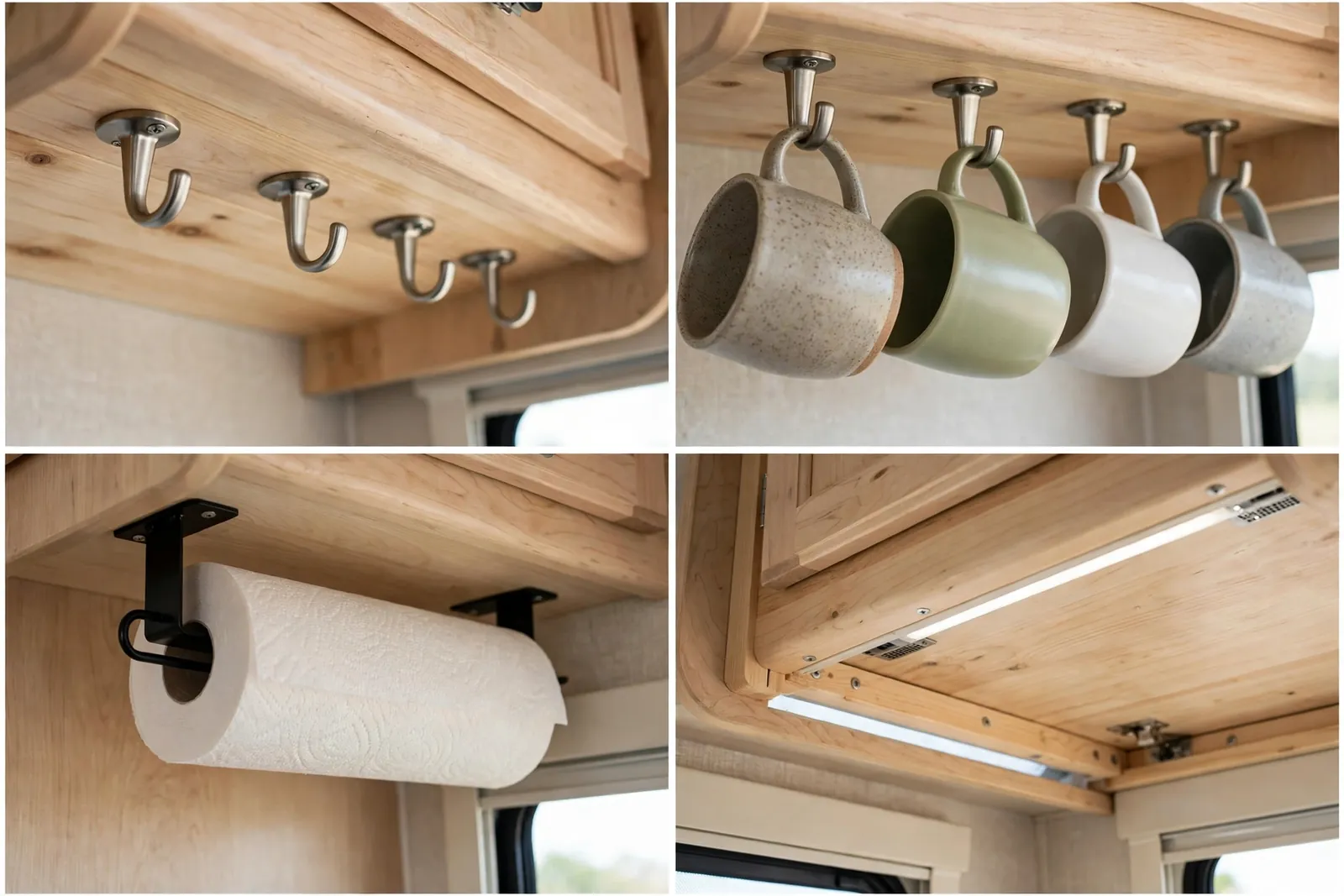 Detail collage: mug hooks, hanging mugs, paper towel roll on its holder, underside of the upper cabinet