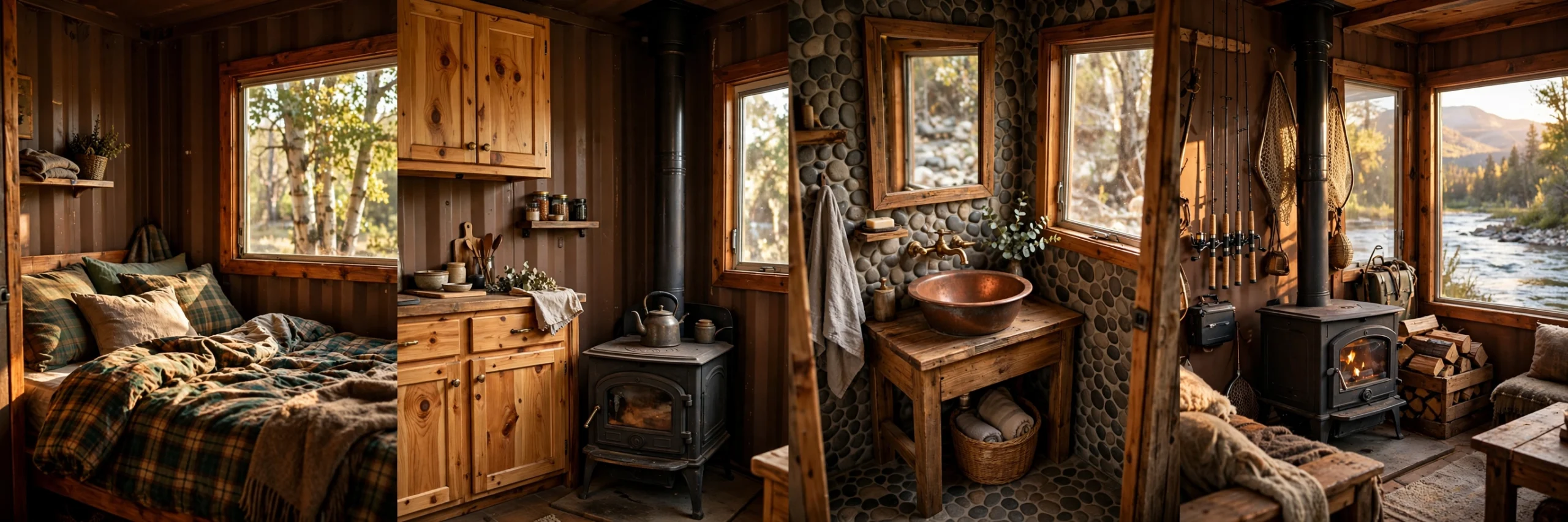Interior collage of the river cabin: flannel bedroom, pine kitchen with cast iron stove, river-rock bathroom, and wood-stove living area