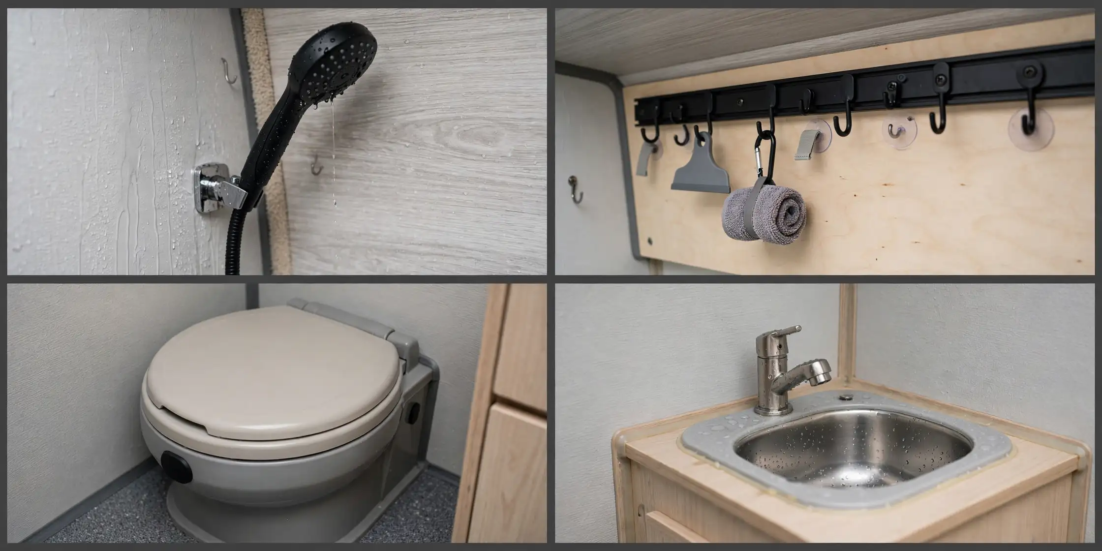 Close-up details of a rear garage camper van wet bath: shower head, storage rail, toilet and sink faucet