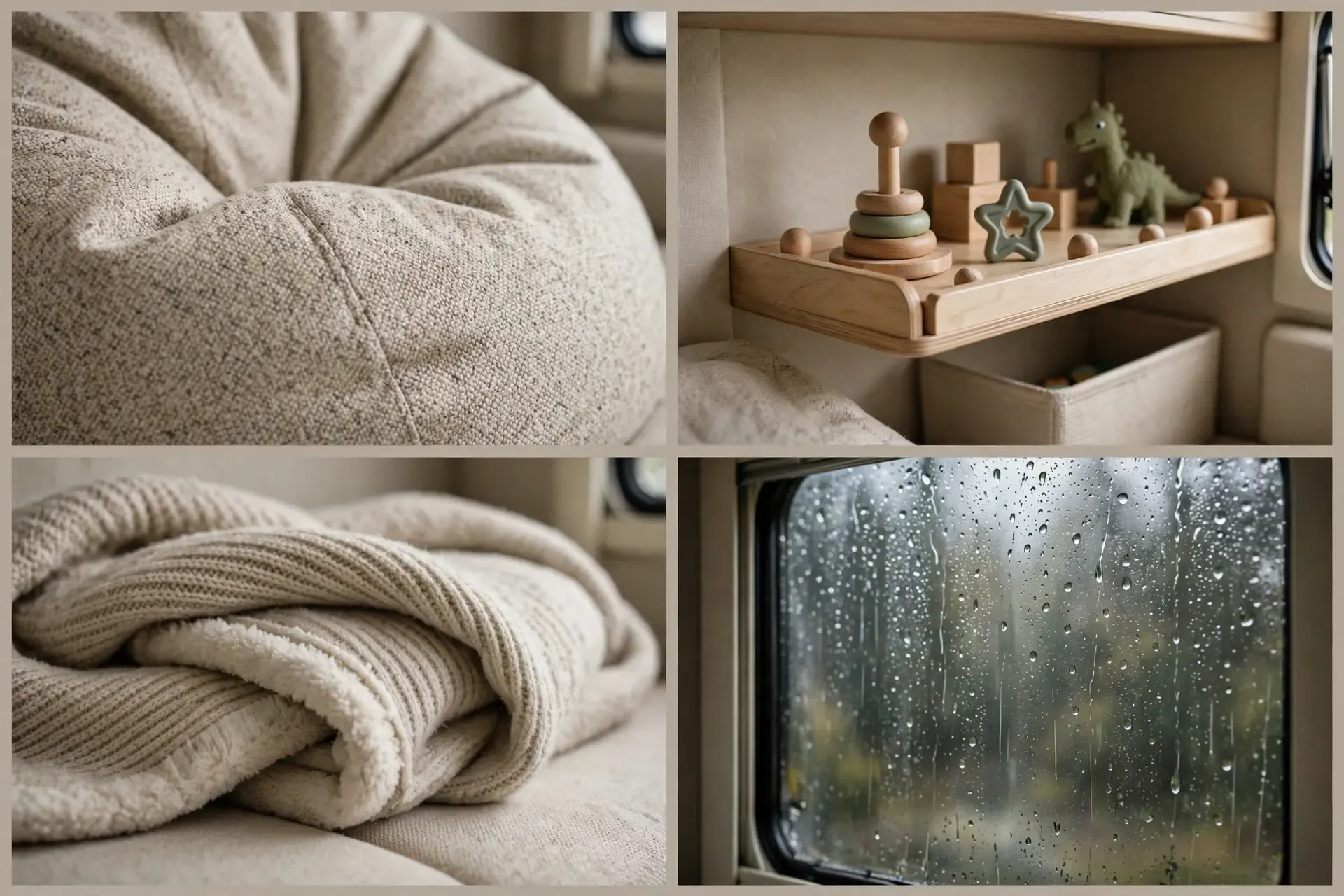Close-up details of the family RV bunk-side lounge corner: bean bag fabric, low toy shelf, soft blanket and window rain
