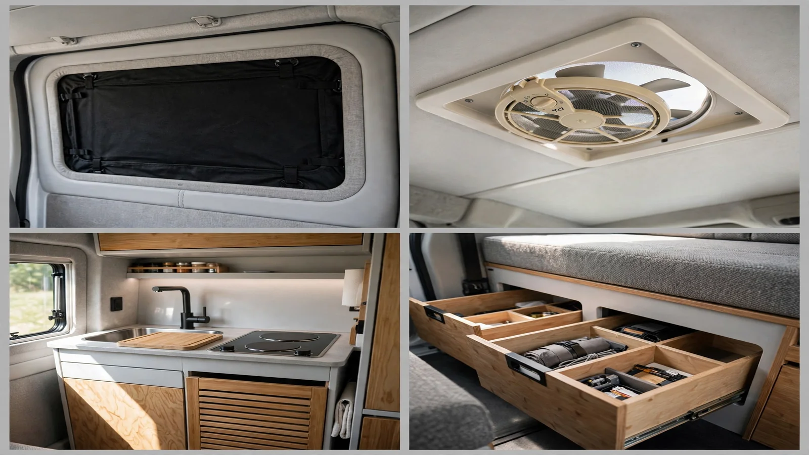 Four-panel detail collage of the Hidden Hollow ProMaster showing blackout covers, roof vent, stealth kitchen and hidden drawers