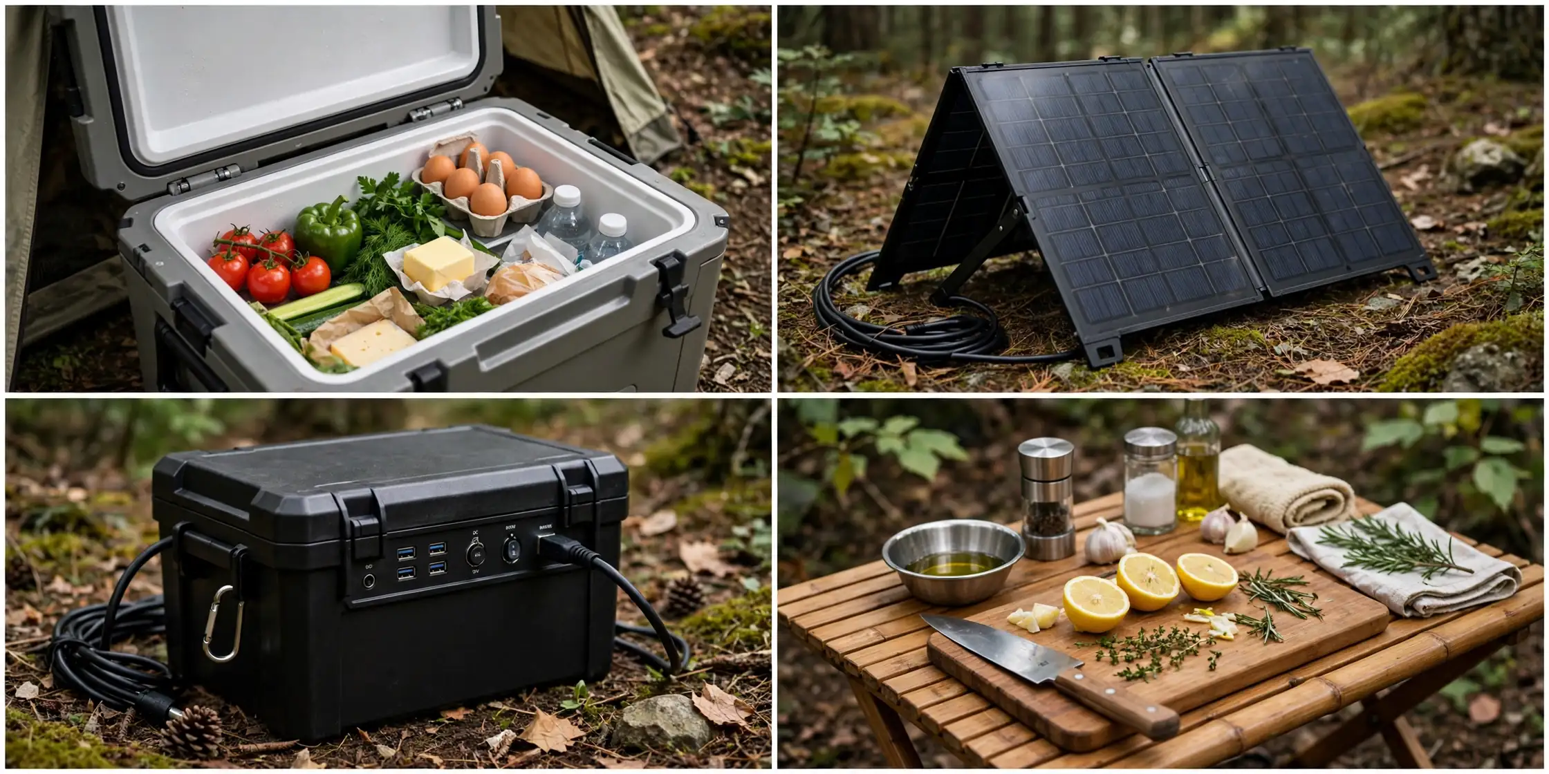 Detail collage of the solar fridge setup: open fridge, solar panel, battery box, prep island