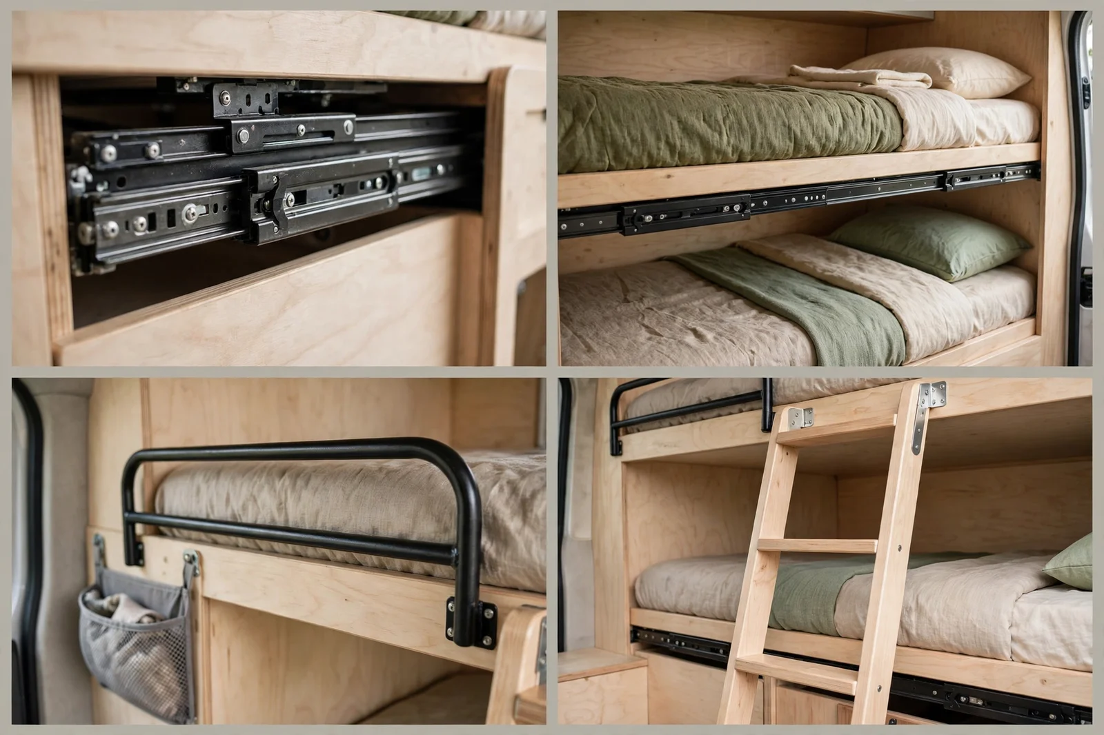 Four-panel detail collage of the pull-out bunk beds in a camper van, showing the black metal pull-out tracks, bedding on both bunks, the black safety rail on the top bunk, and the wooden ladder