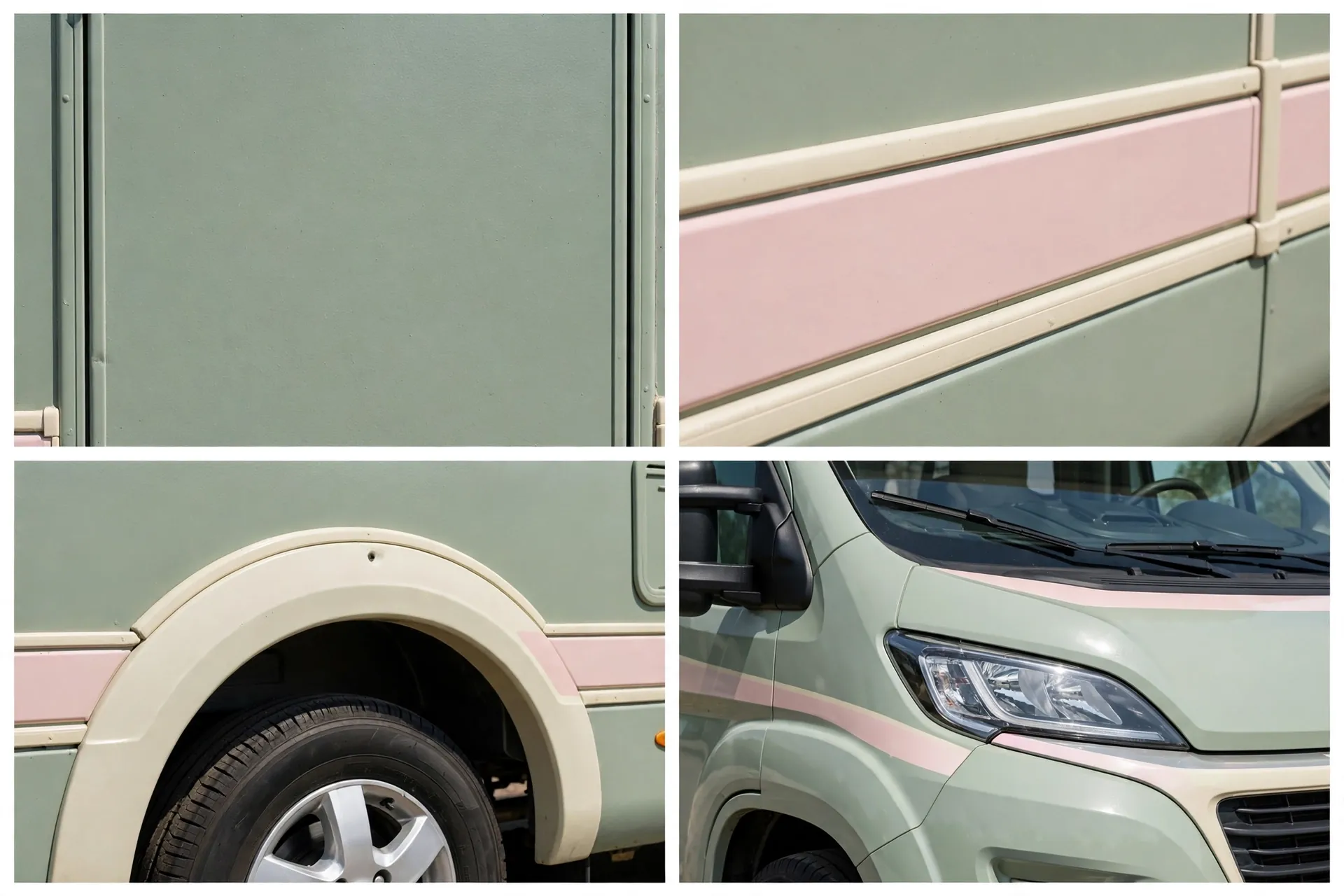 Four-panel detail collage of the soft sage and blush pastel motorhome design