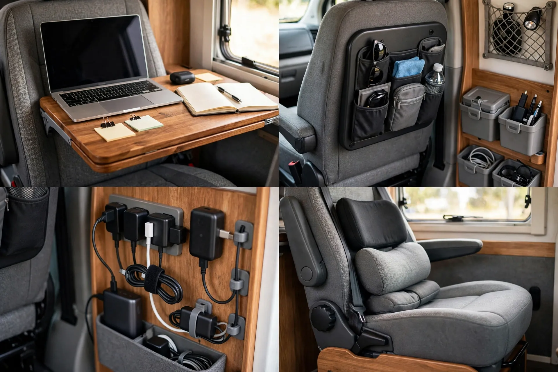 Four close-up details of the passenger seat mobile office: desk surface, storage, power and cable setup, and seat ergonomics