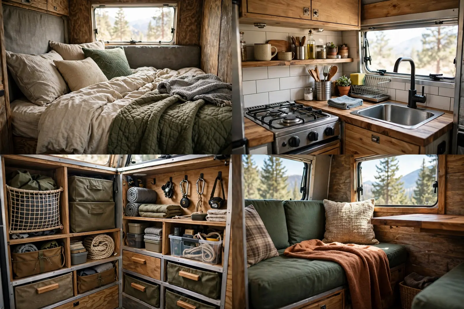 Four-panel interior collage of the Mountain Basecamp Trailer showing its bed, kitchenette, storage, and seating