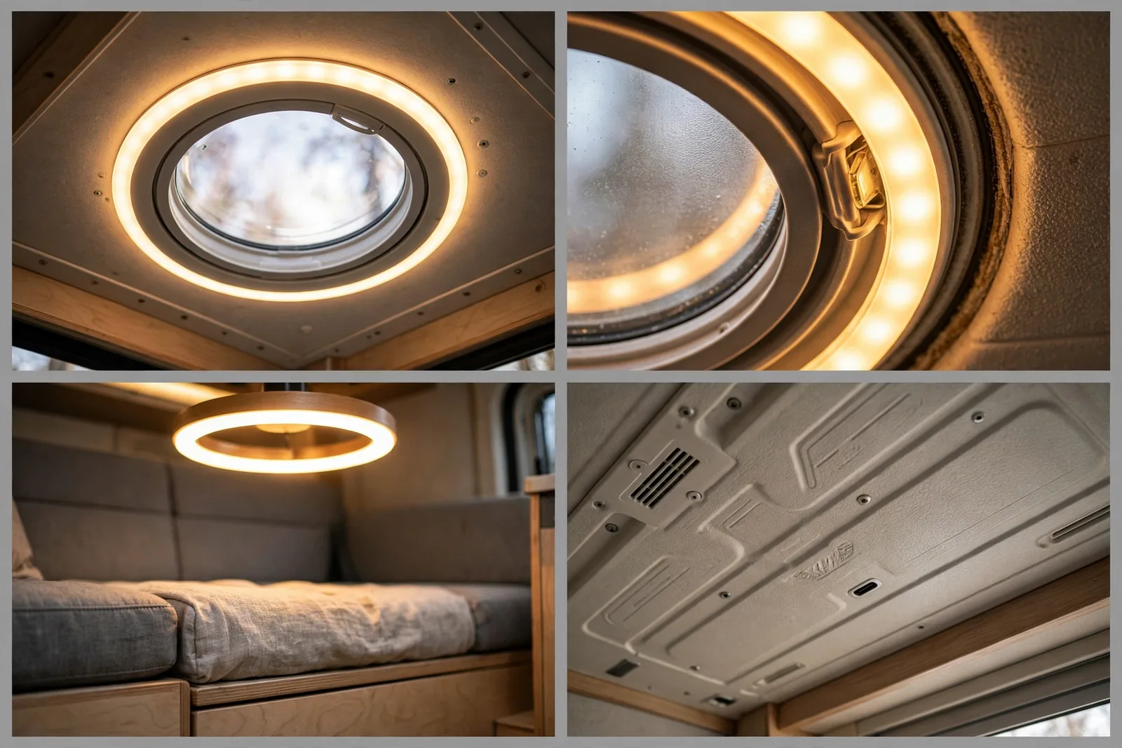 Four-panel detail collage of a round skylight with a warm halo ring light in a camper van ceiling showing the glowing ring, skylight detail, and light over seating