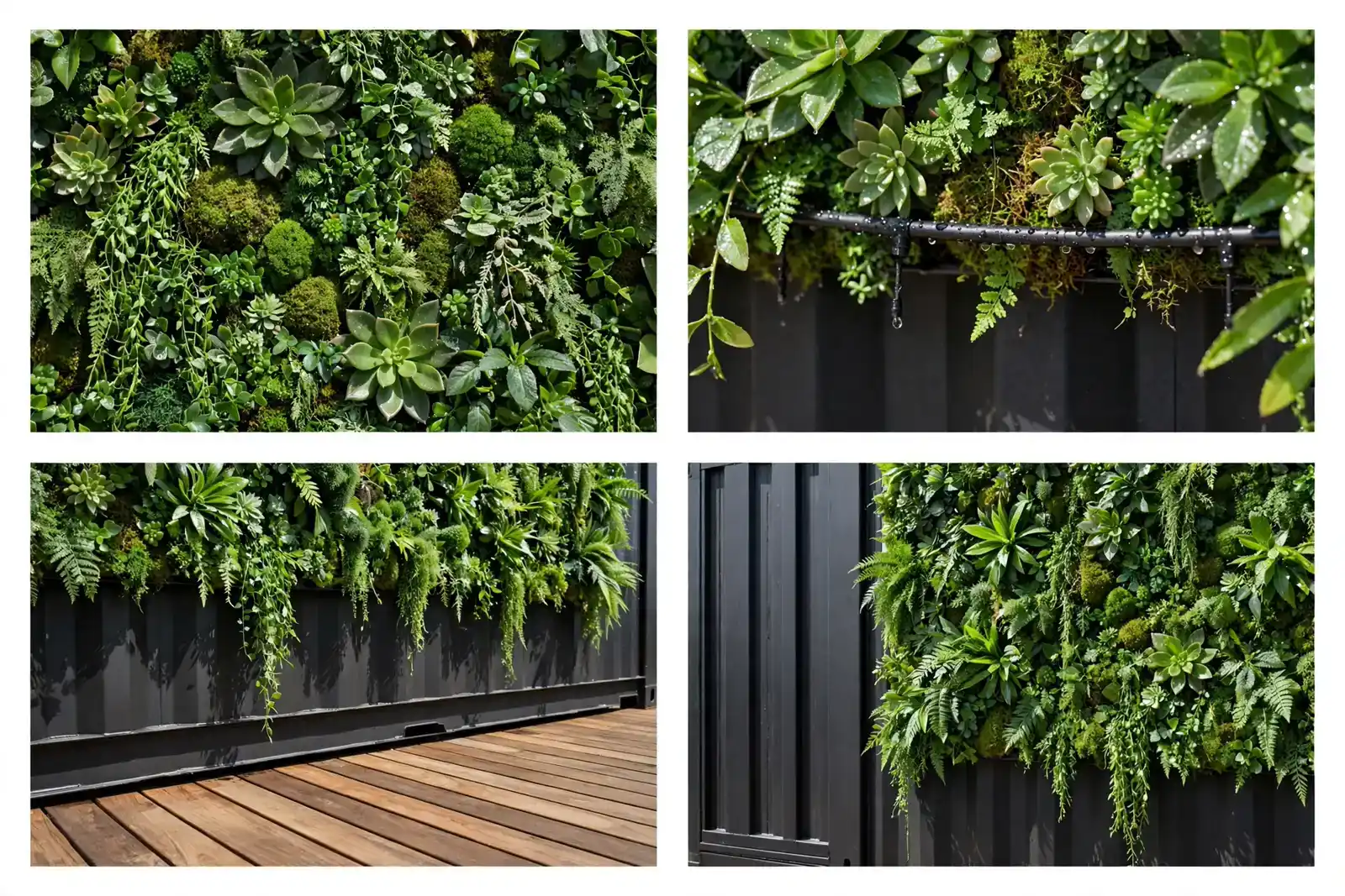 Four-panel collage: plant wall foliage close-up, irrigation detail, deck boards below green wall, green plants against black steel